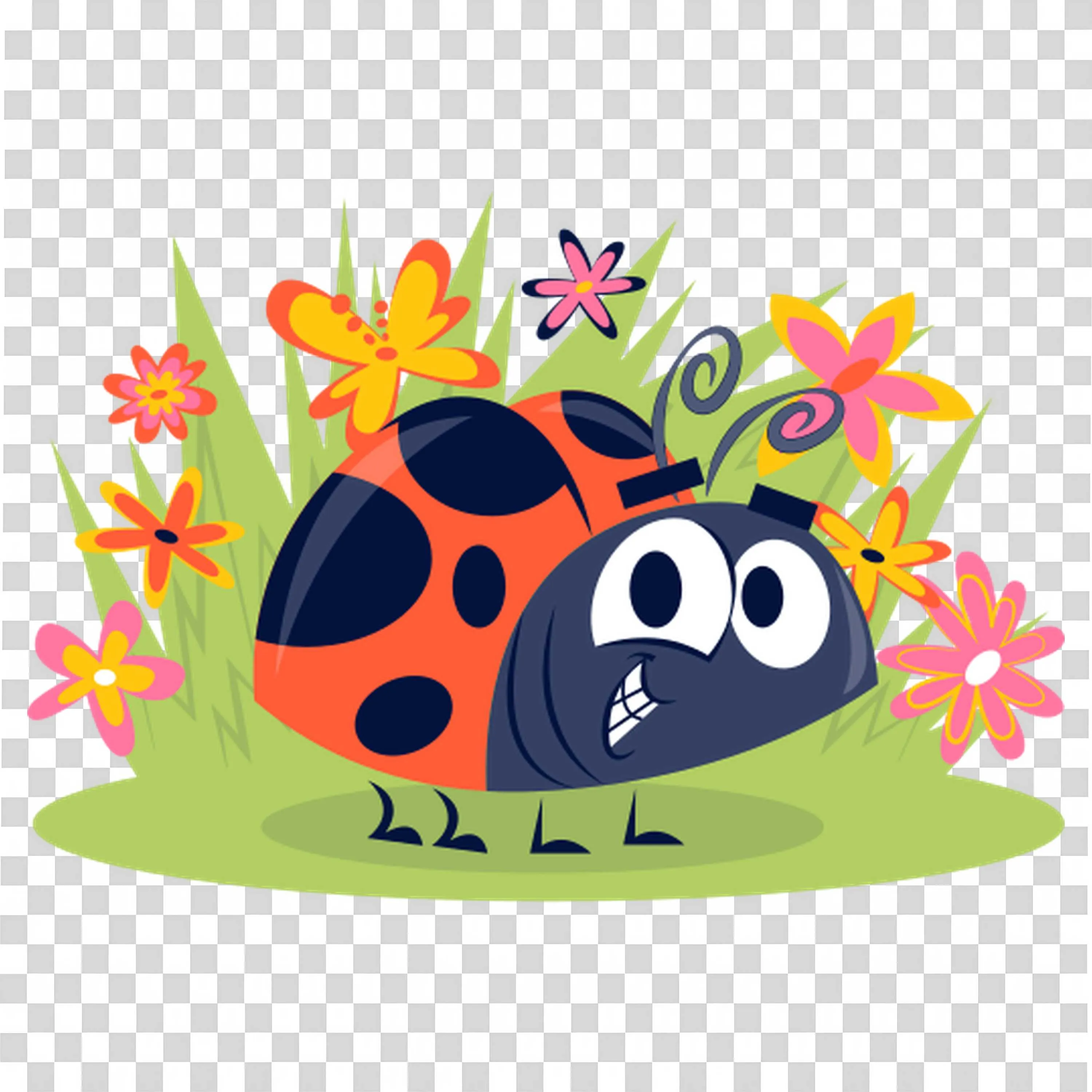 Cartoon Ladybug Sitting Near Colorful Flower Patch