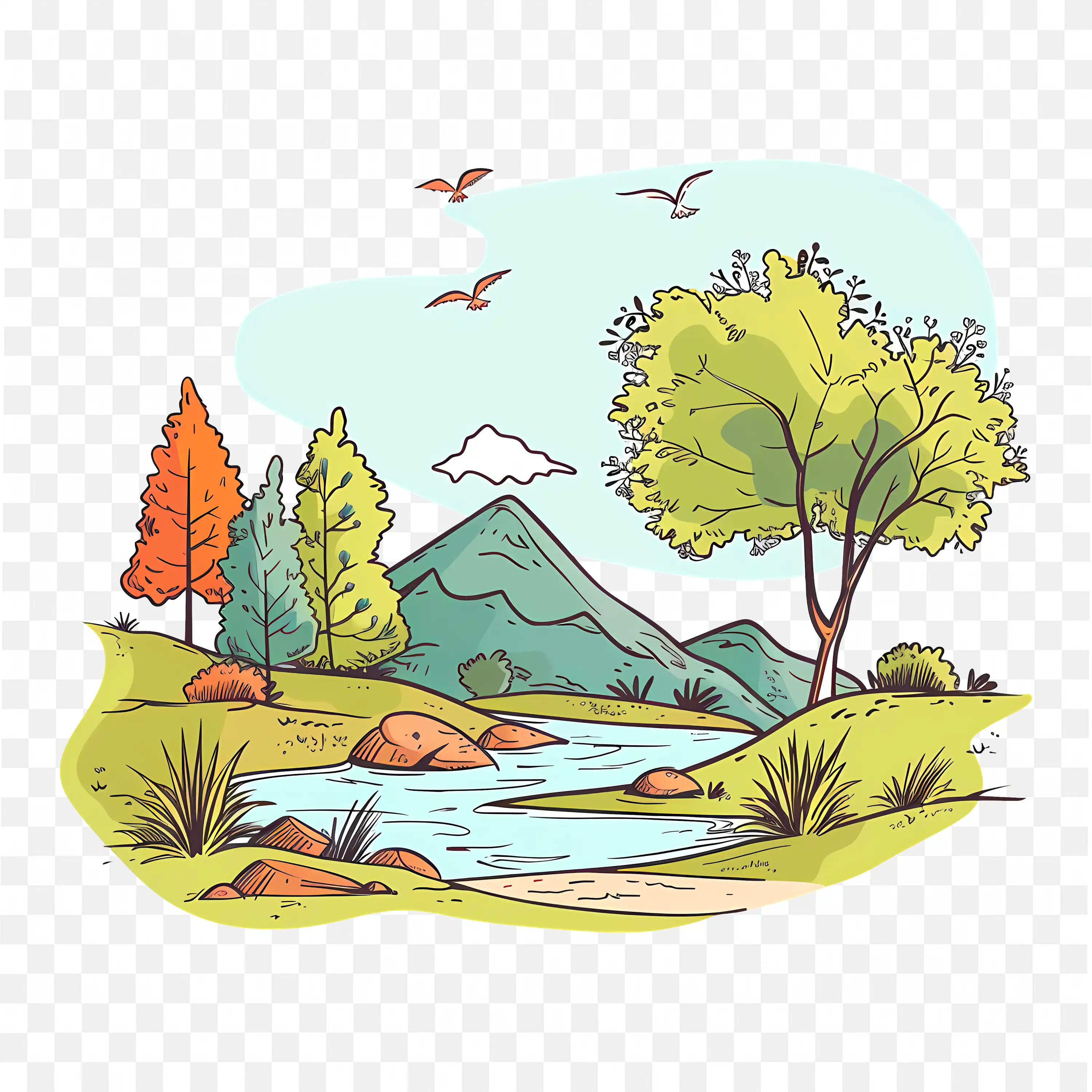 Cartoon Landscape Clip Art Trees River Nature Drawing Art
