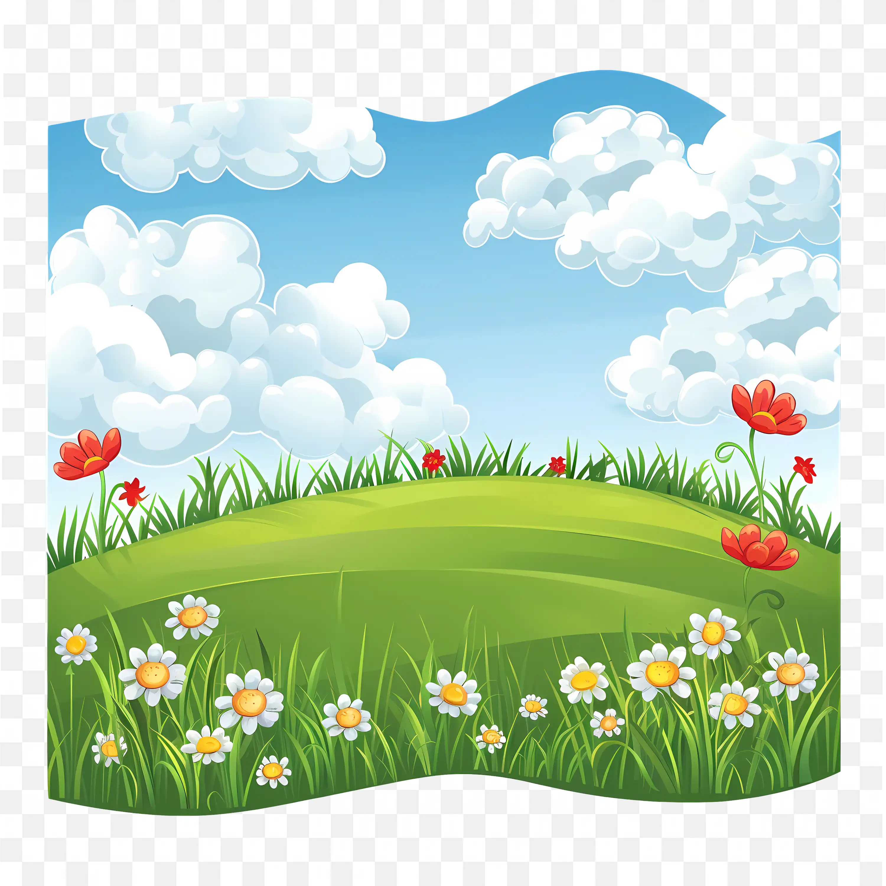 Cartoon Landscape PNG Nature Hills Flowers Sky Scene Design
