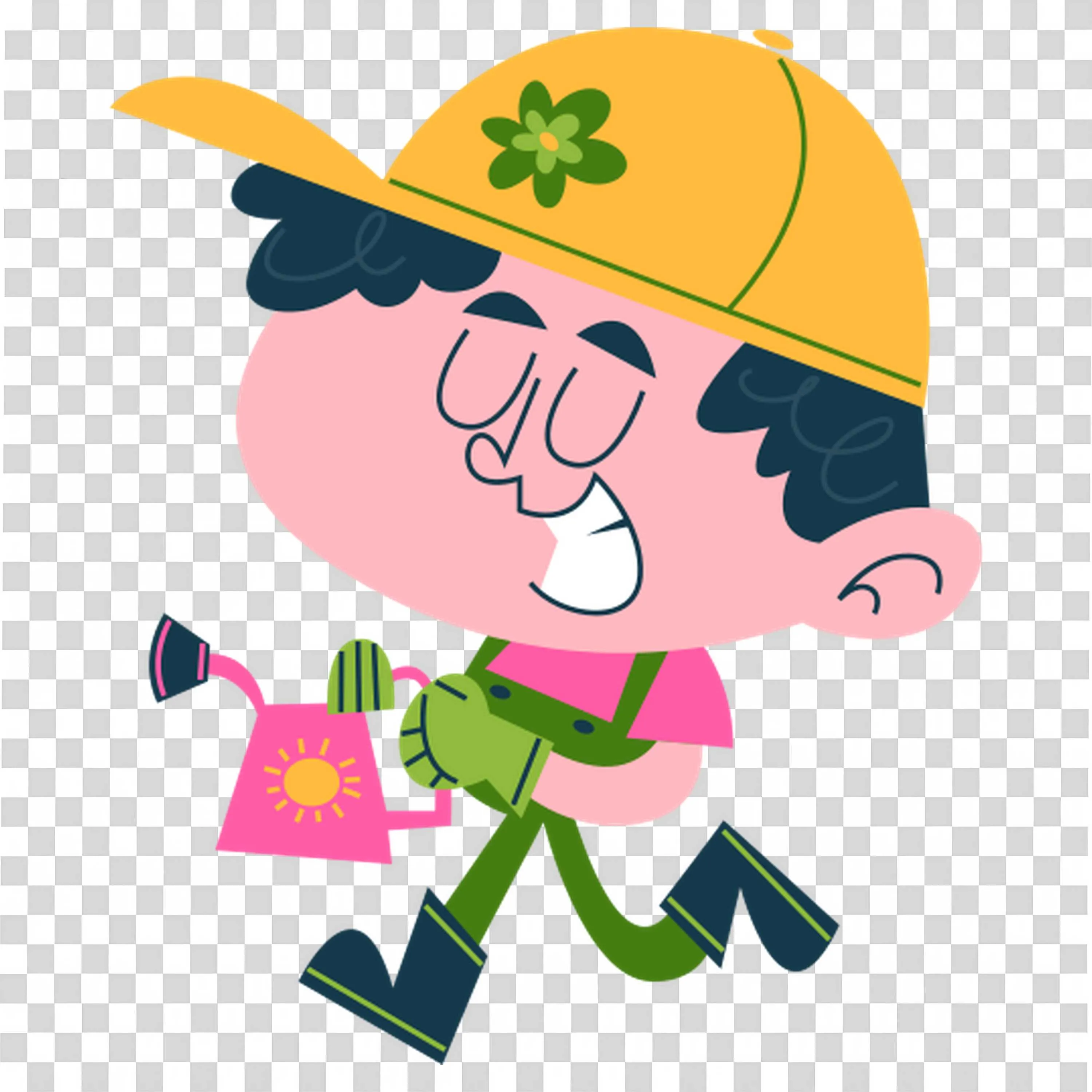 Cartoon Man Wearing Yellow Cap Watering Plants Happily PNG