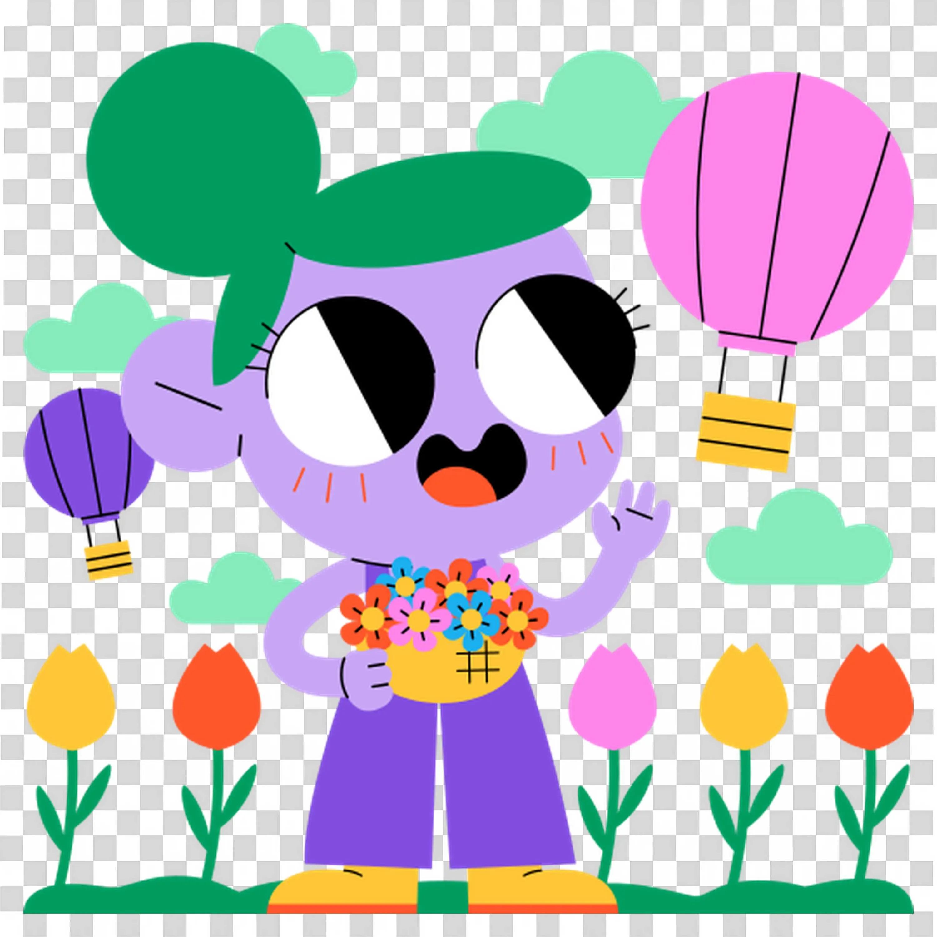 Cartoon Mouse Holding Flowers with Hot Air Balloon Backdrop