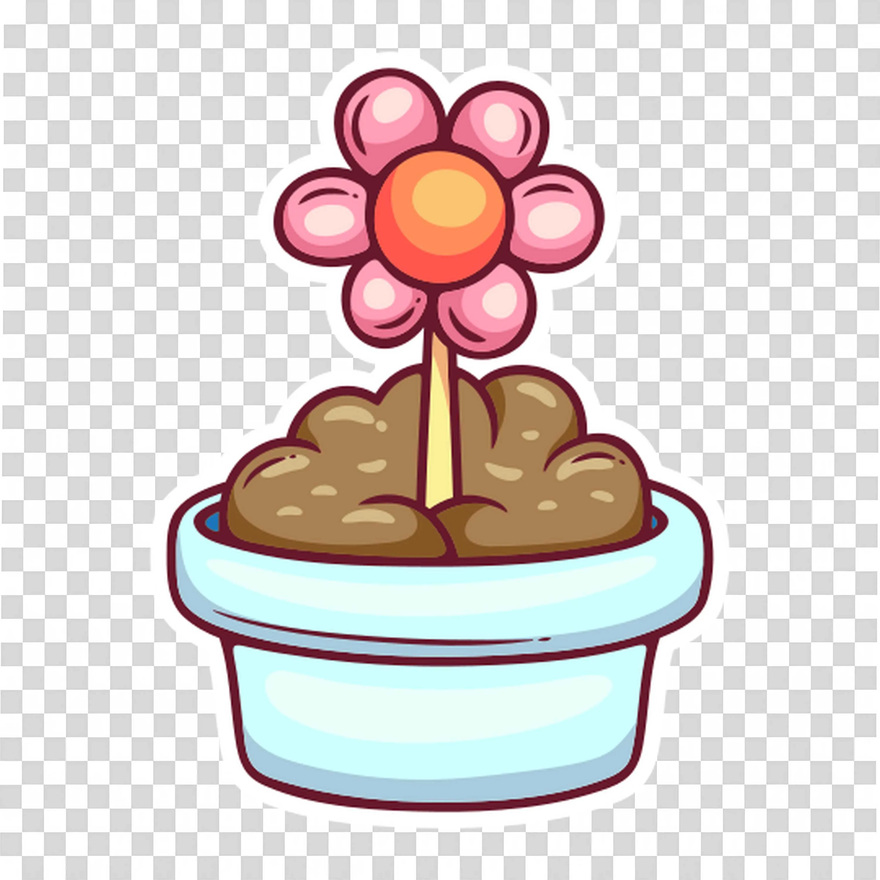 Cartoon Pink Flower Blooming in Pot with Dirt and Stem PNG