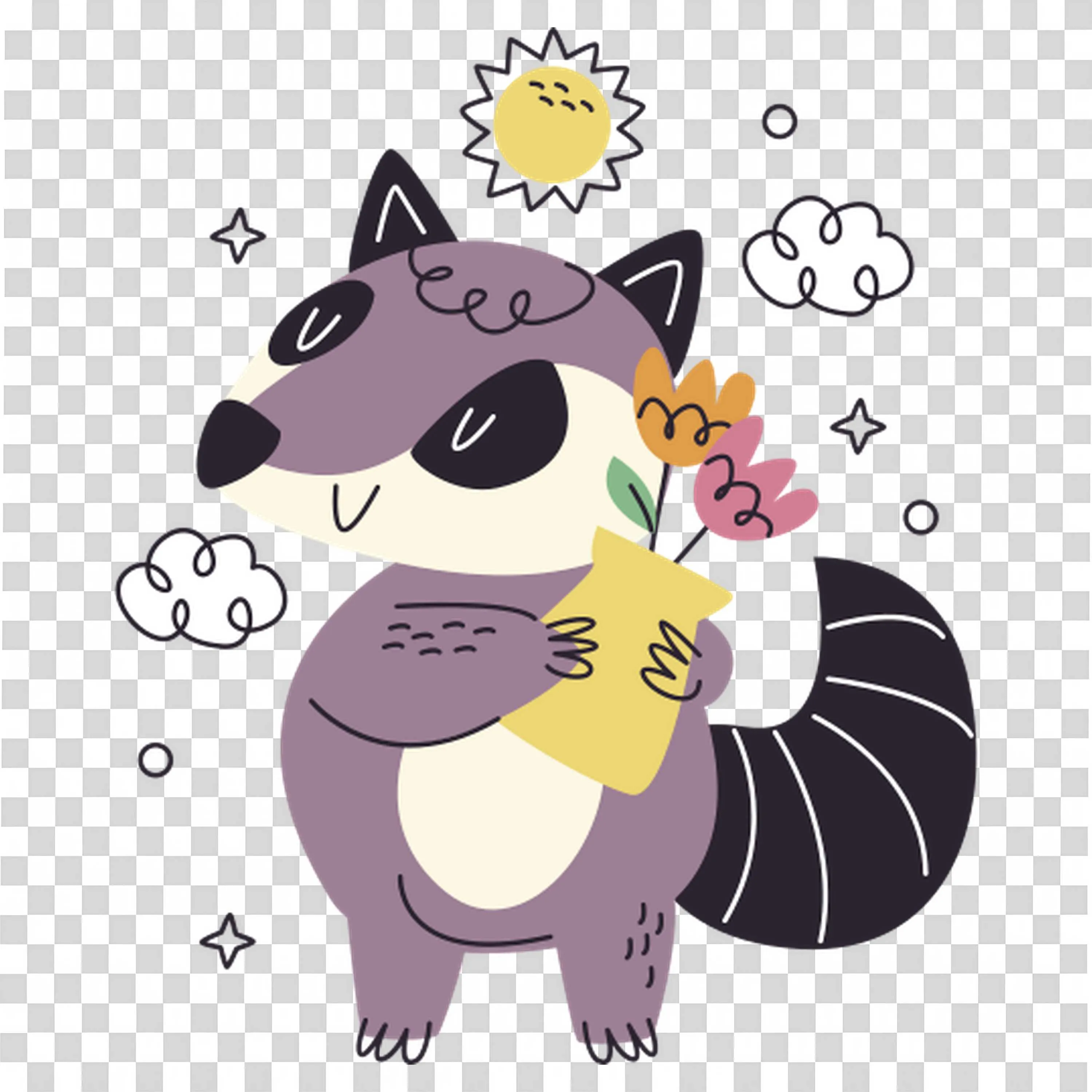 Cartoon Raccoon Carrying a Bunch Of Colorful Flowers