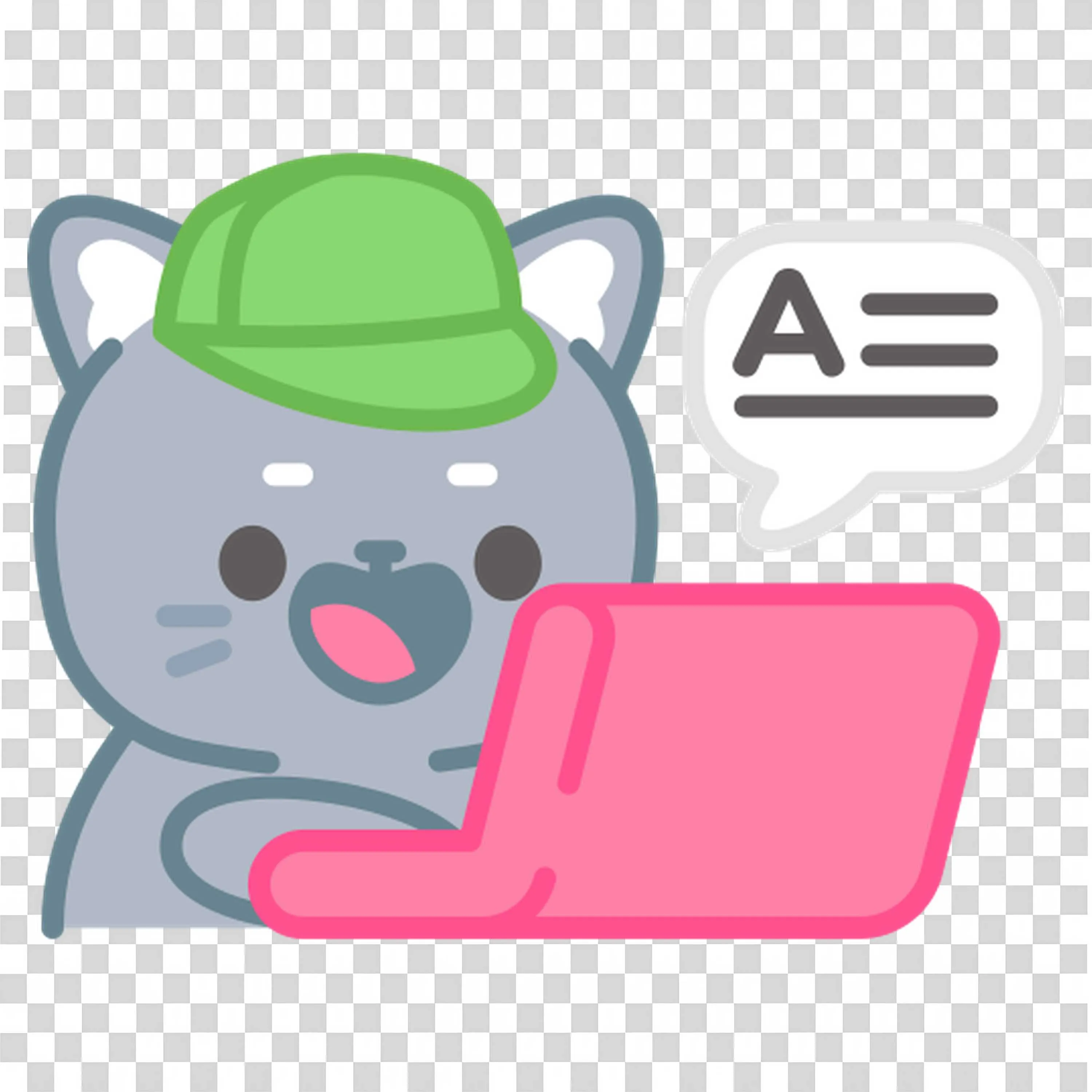 Cat Student Typing On Pink Laptop with Cap and Speech Bubble