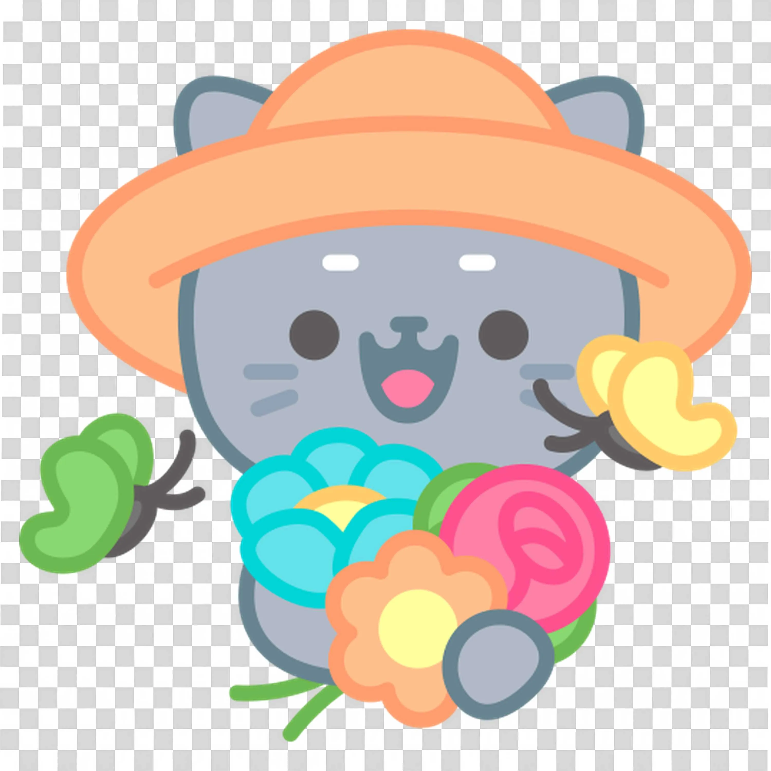 Cat Wearing Orange Hat Holding a Colorful Bunch Of Flowers