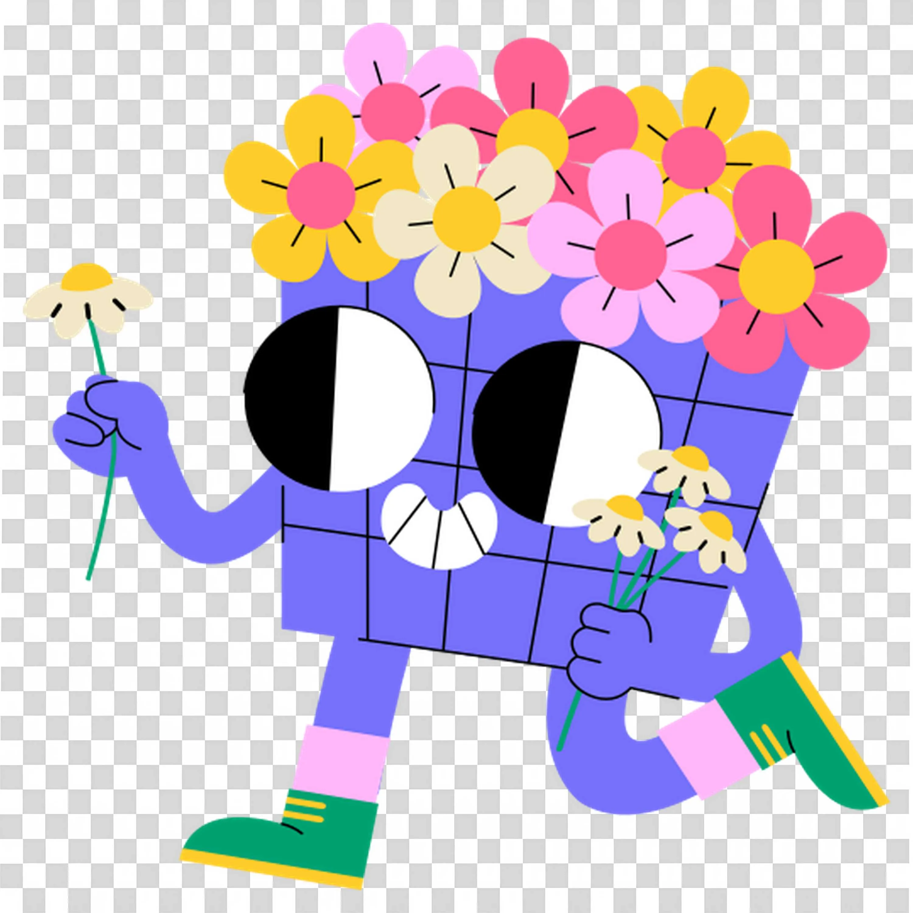 Character Reading with Bouquet Growing from Head PNG