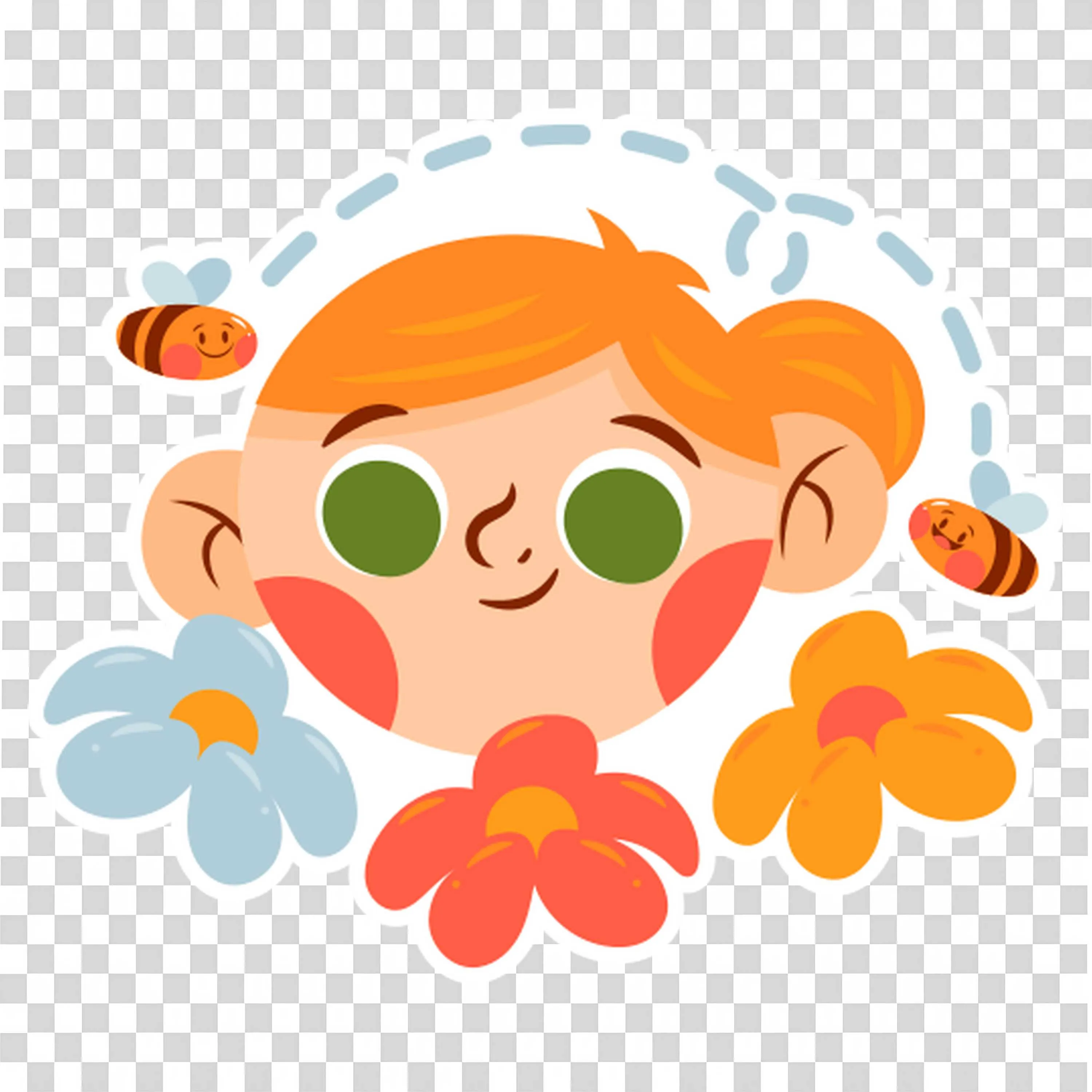 Cheerful Girl Surrounded By Flowers and Flying Bees
