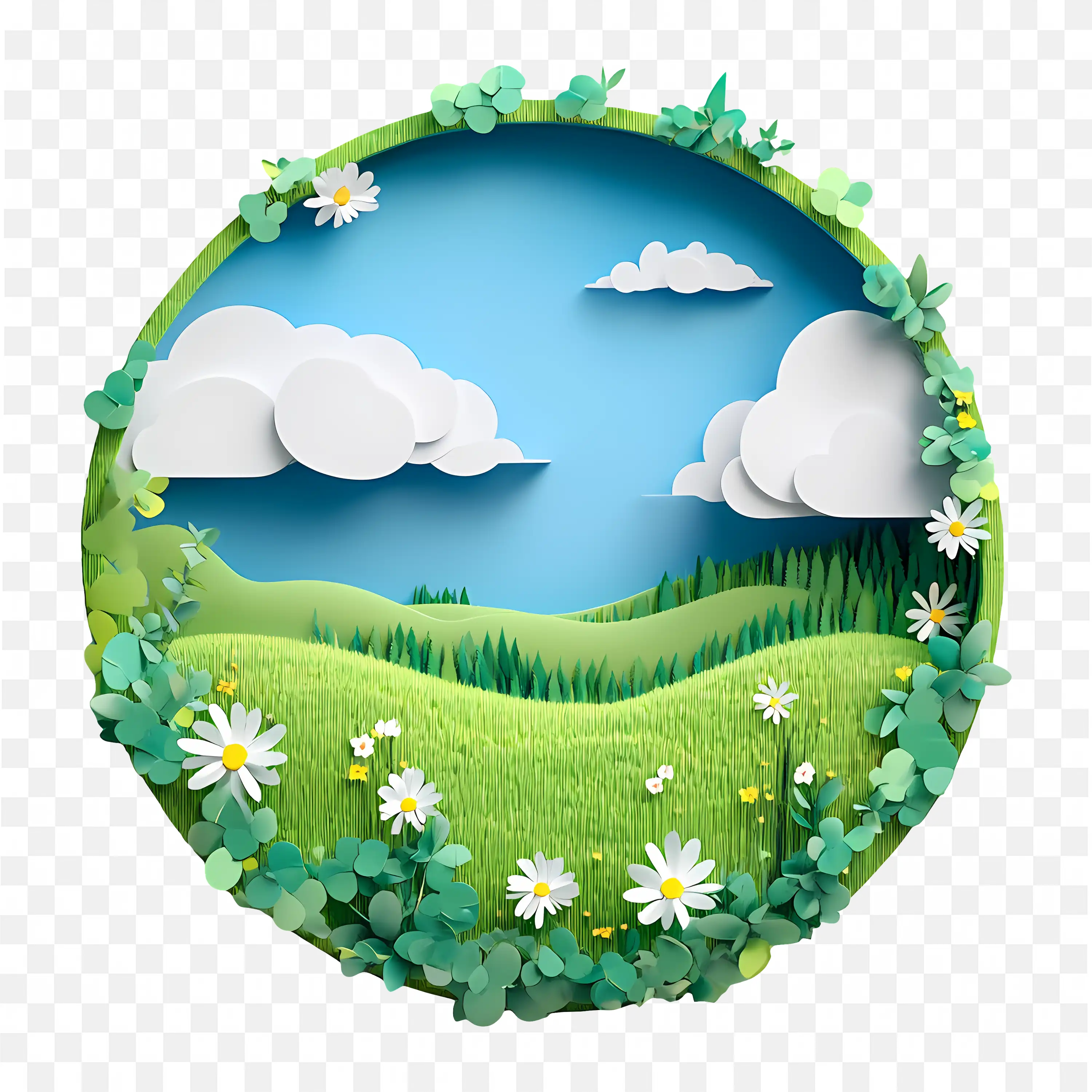 Circular Landscape with Clouds Sky and Hills Illustration