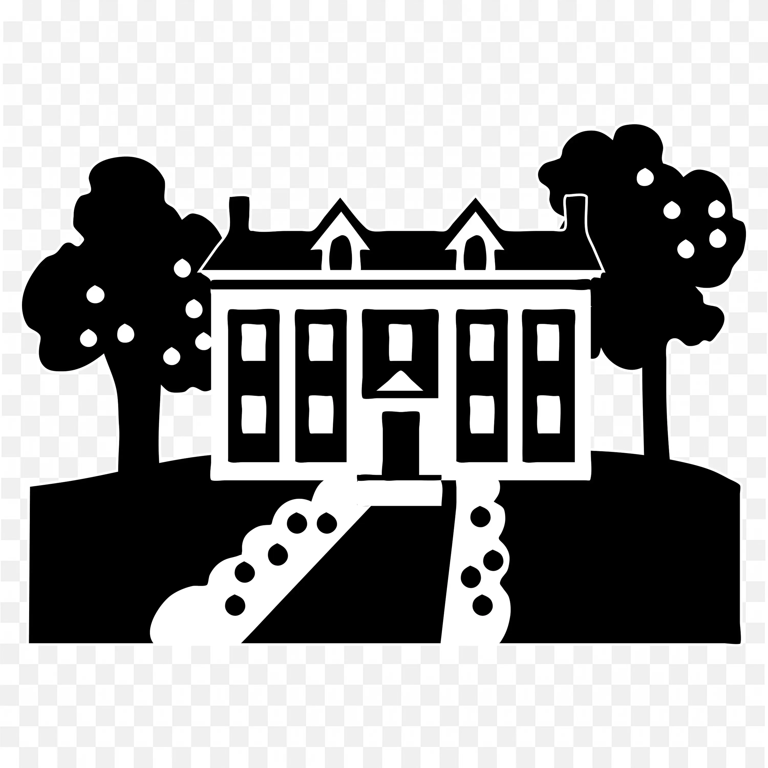 Colonial House Silhouette Black and White with Trees Art