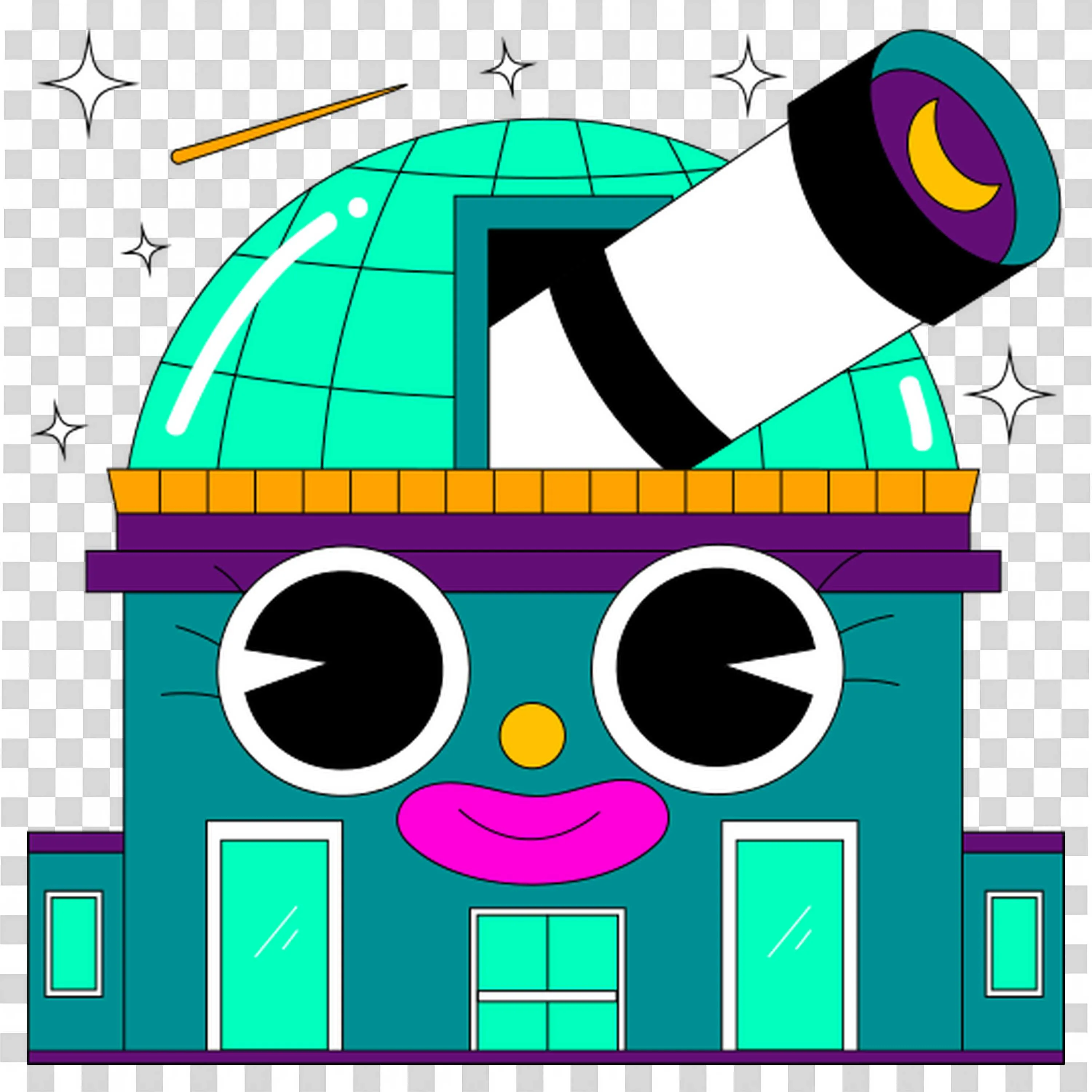 Colorful Building with Big Eyes and a Pencil Sticking Out