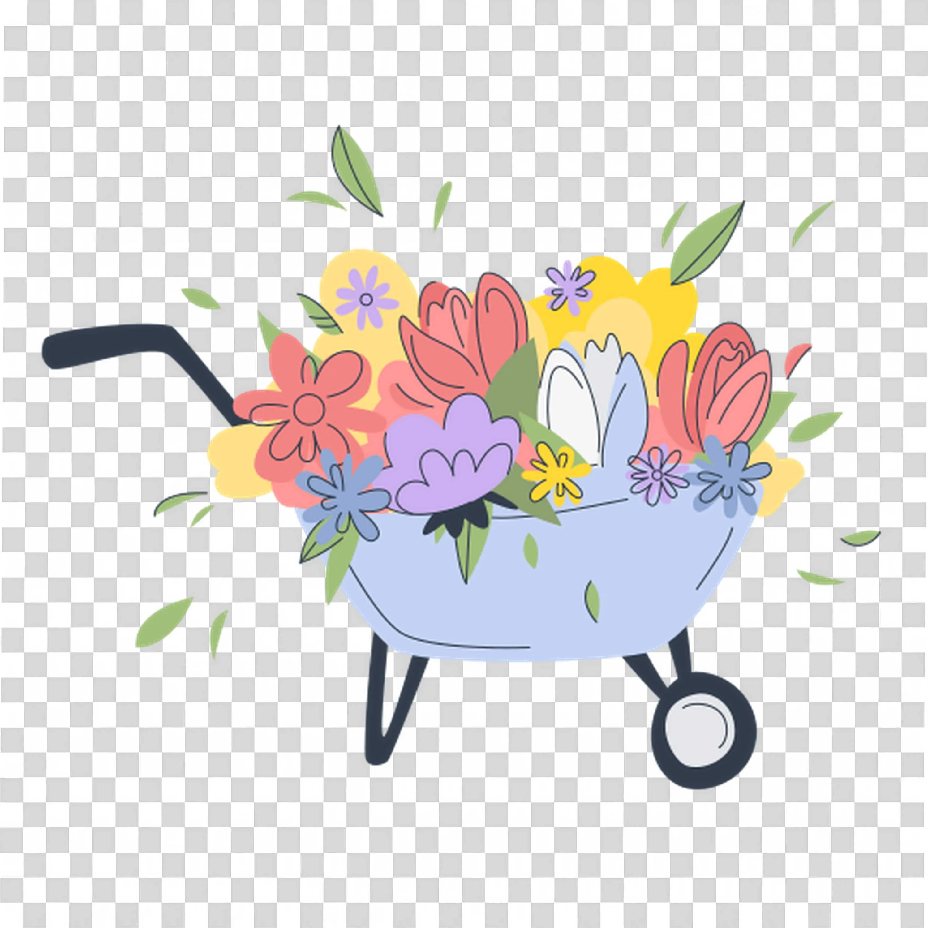 Colorful Flower Bouquet in Wheelbarrow Garden Design PNG