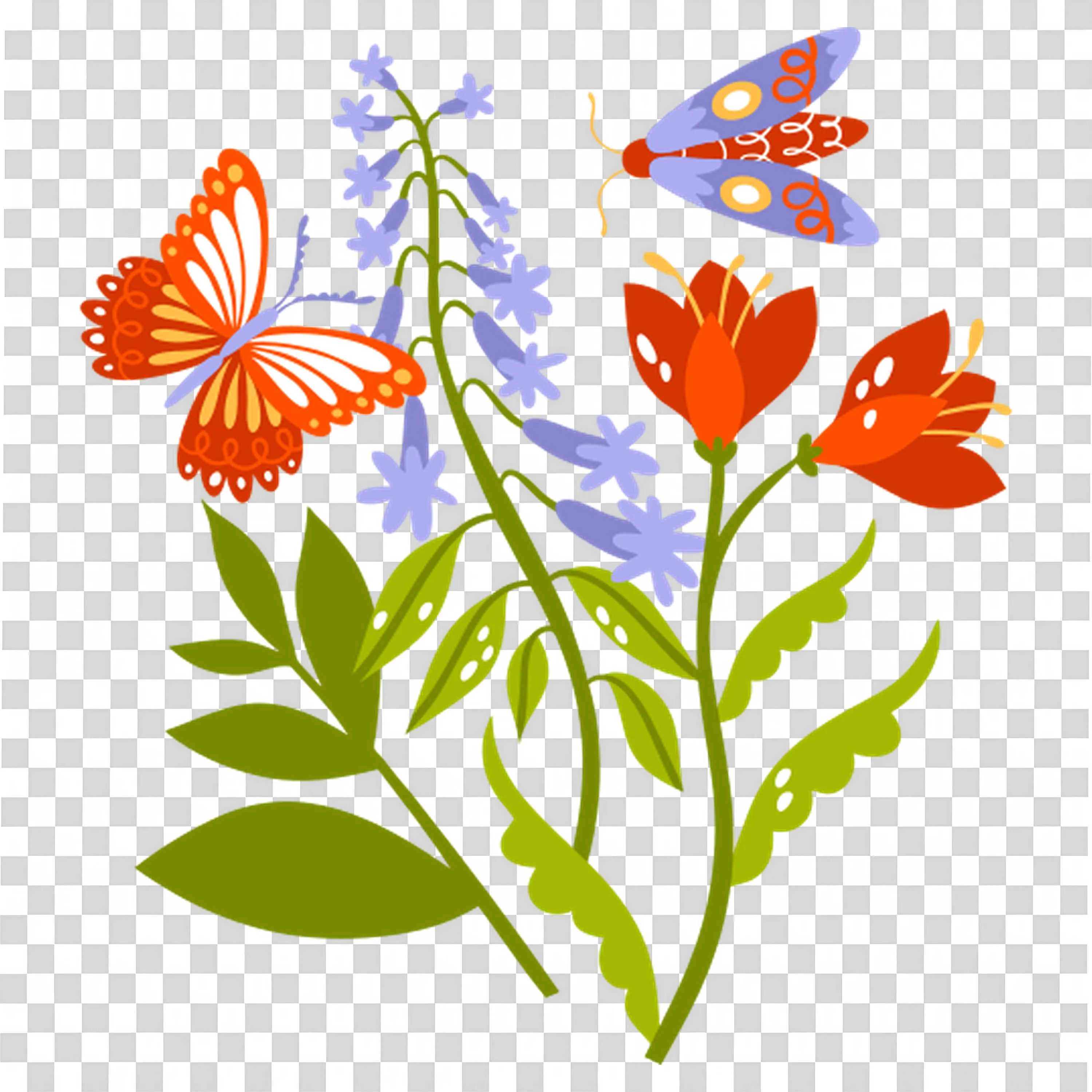 Colorful Garden Flowers with Butterflies and Dragonfly