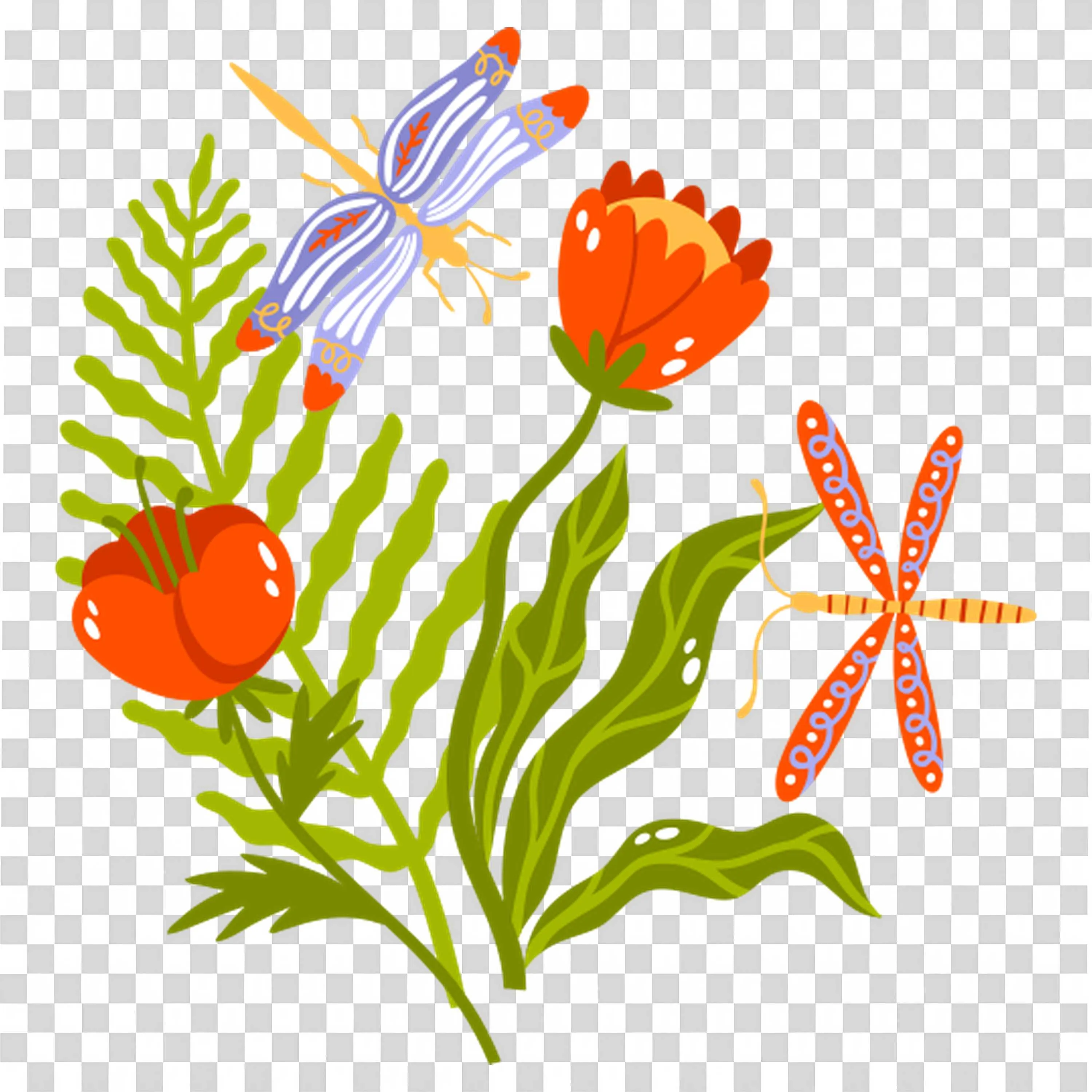 Colorful Garden Flowers with Dragonfly and Insect PNG