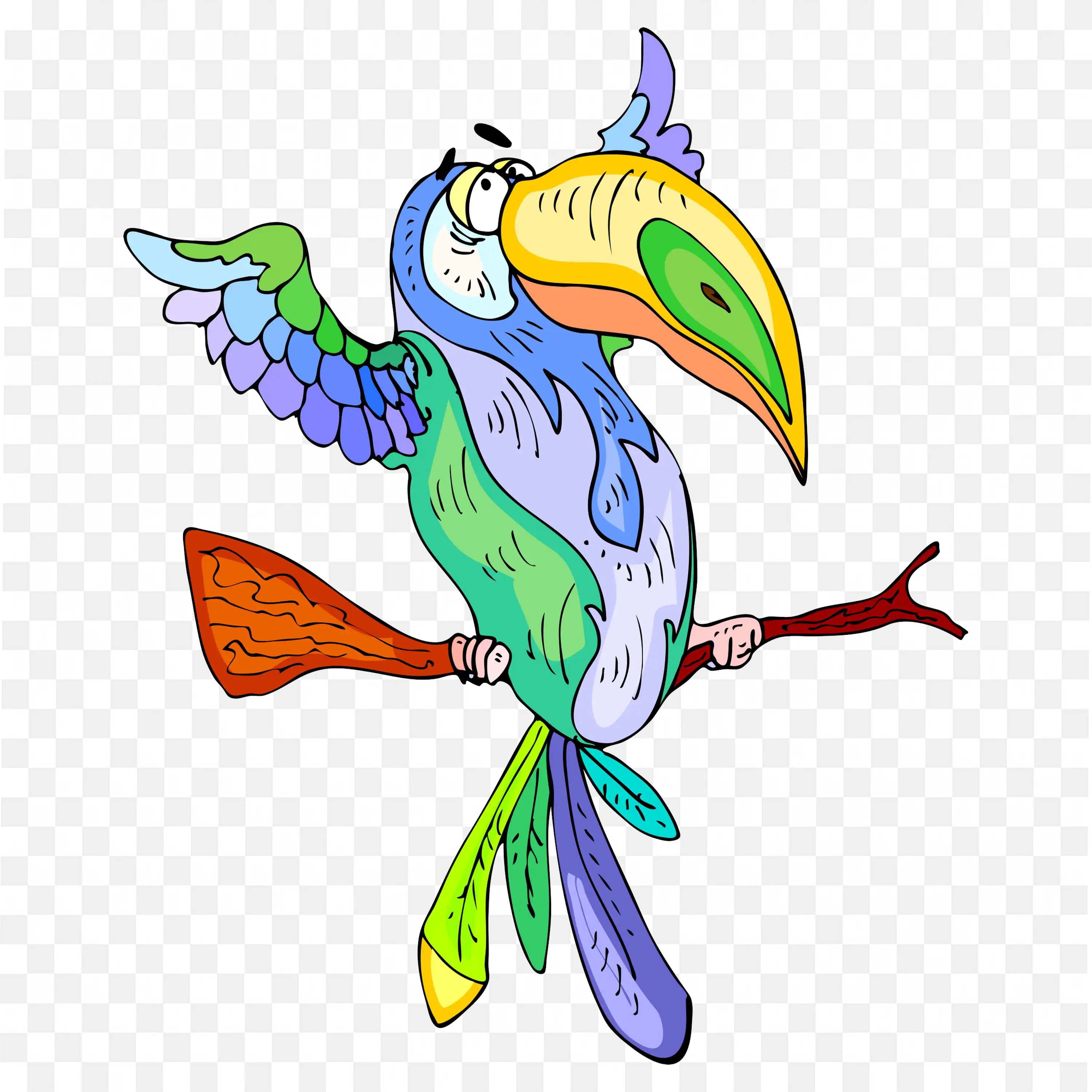 Colorful Parrot on Branch Cartoon PNG Illustration