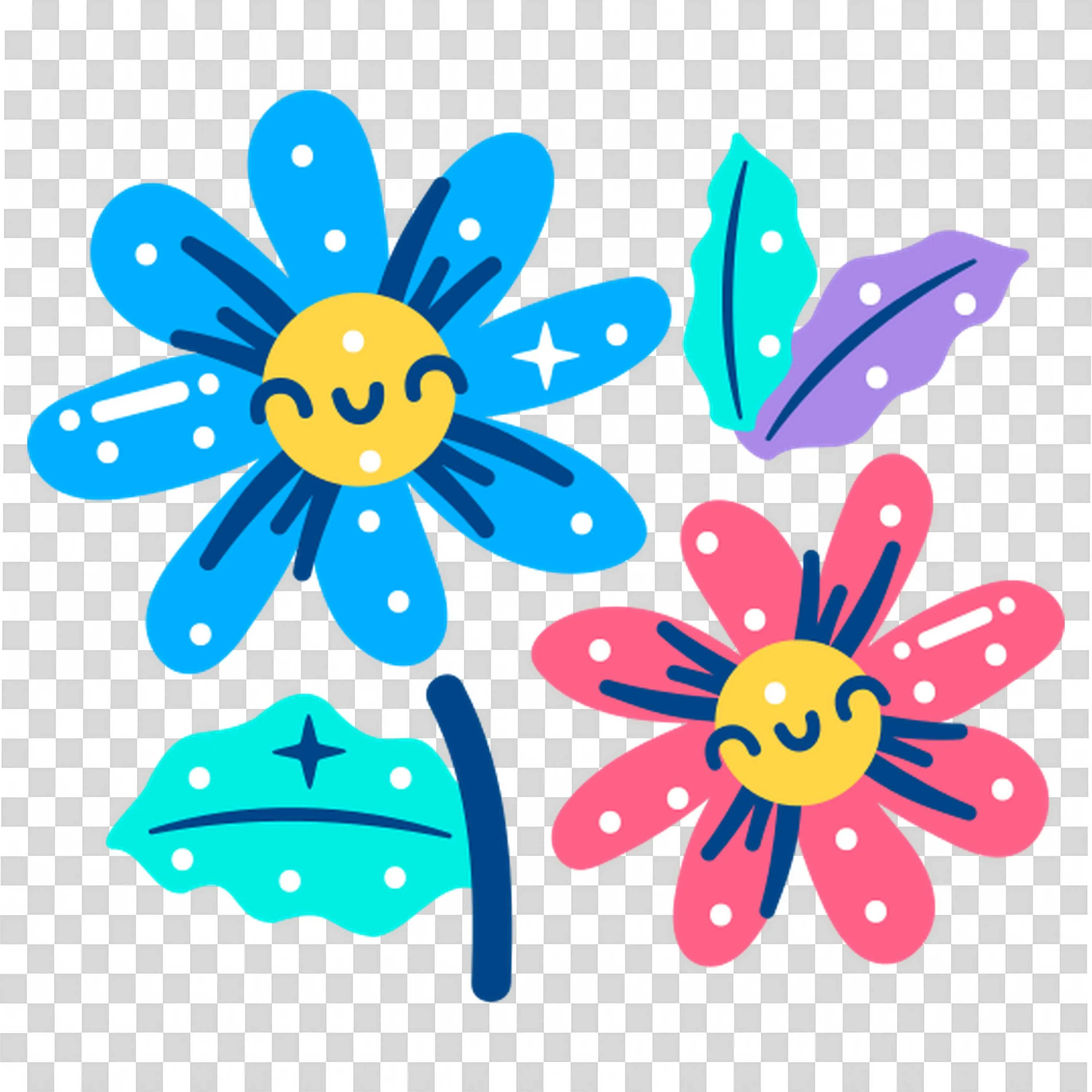 Colorful Smiling Flower Characters in Various Shades PNG