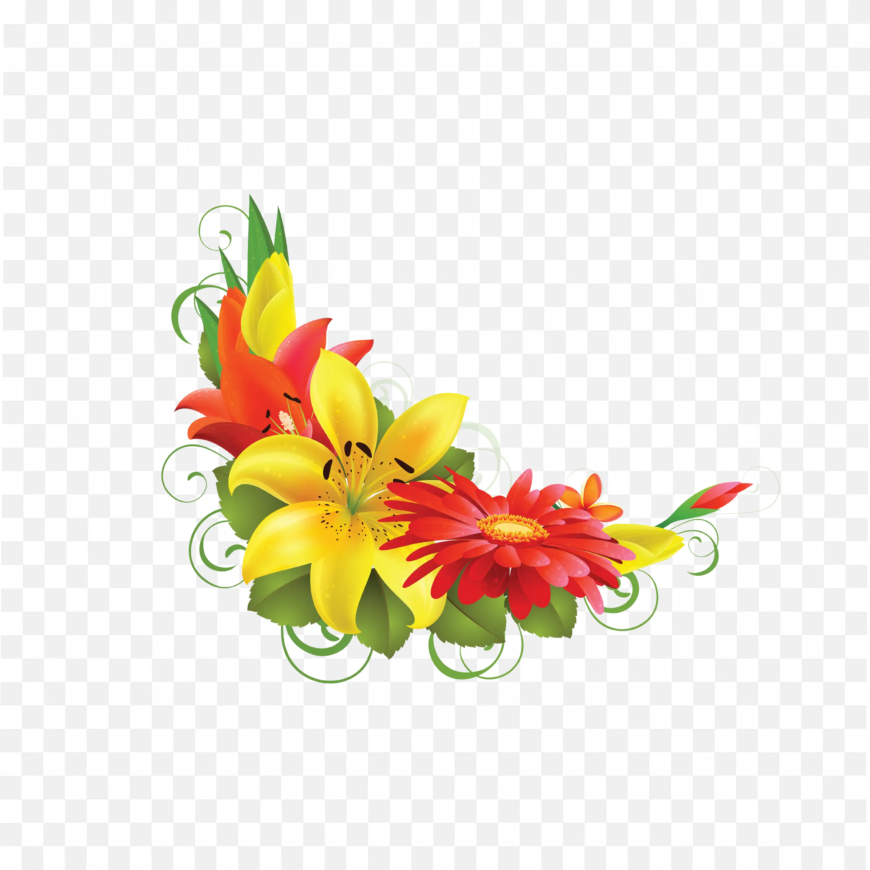 Corner Flower Design Colorful Lilies and Daisy Bloom Art