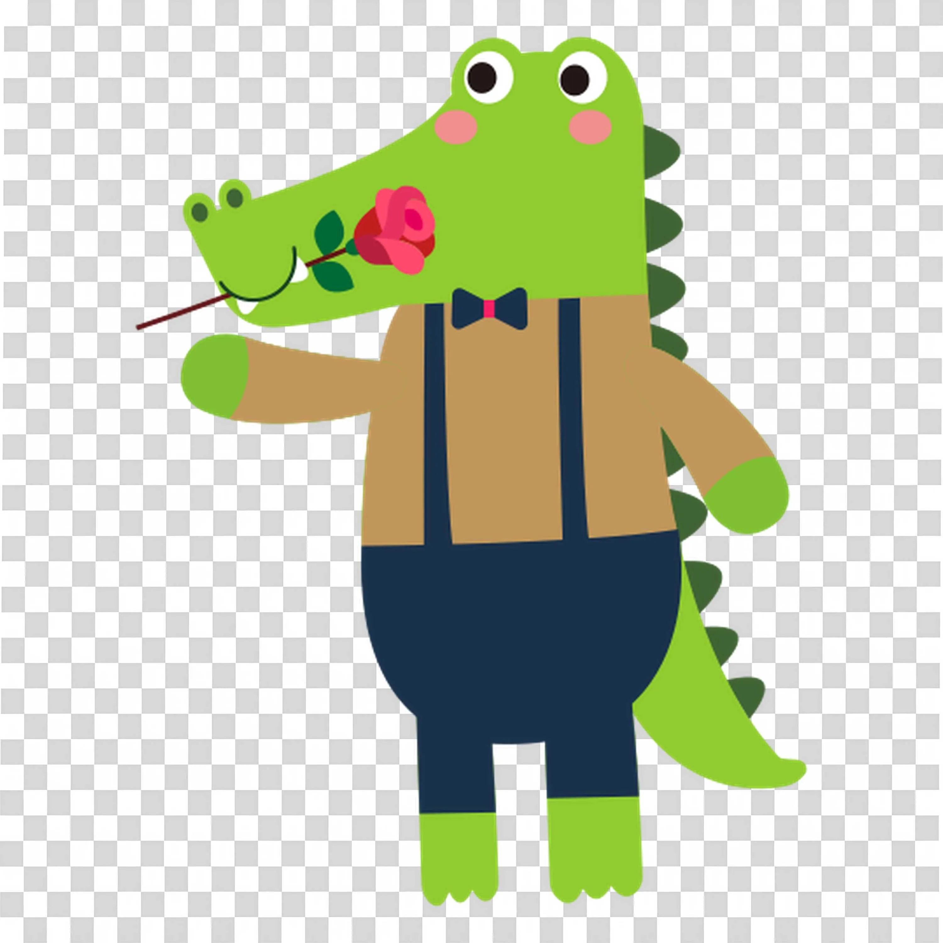 Crocodile Holding Red Rose Wearing Blue Overalls PNG