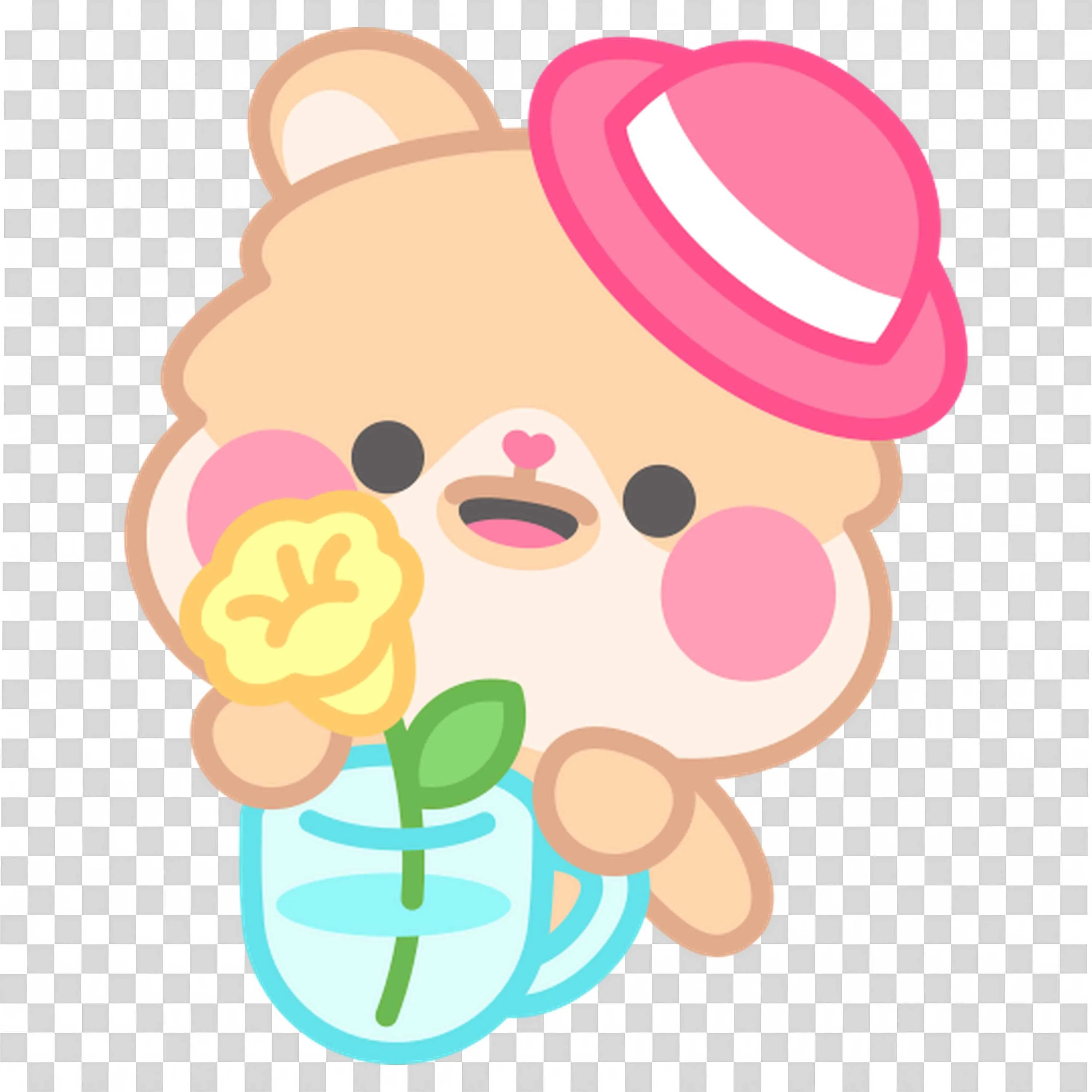Cute Bear Wearing Hat Holding a Yellow Flower and Smiling