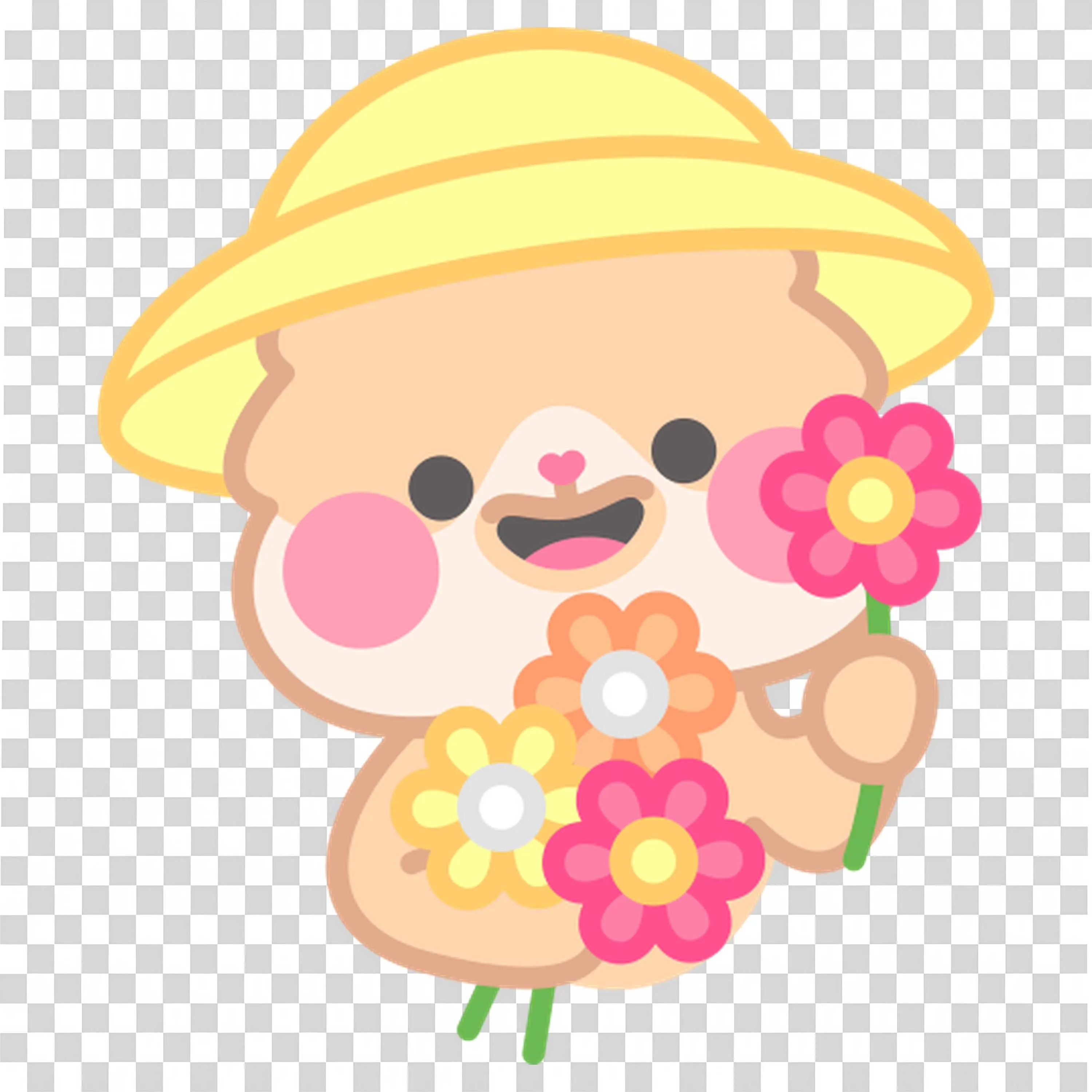 Cute Bear Wearing Straw Hat Holding Colorful Flowers