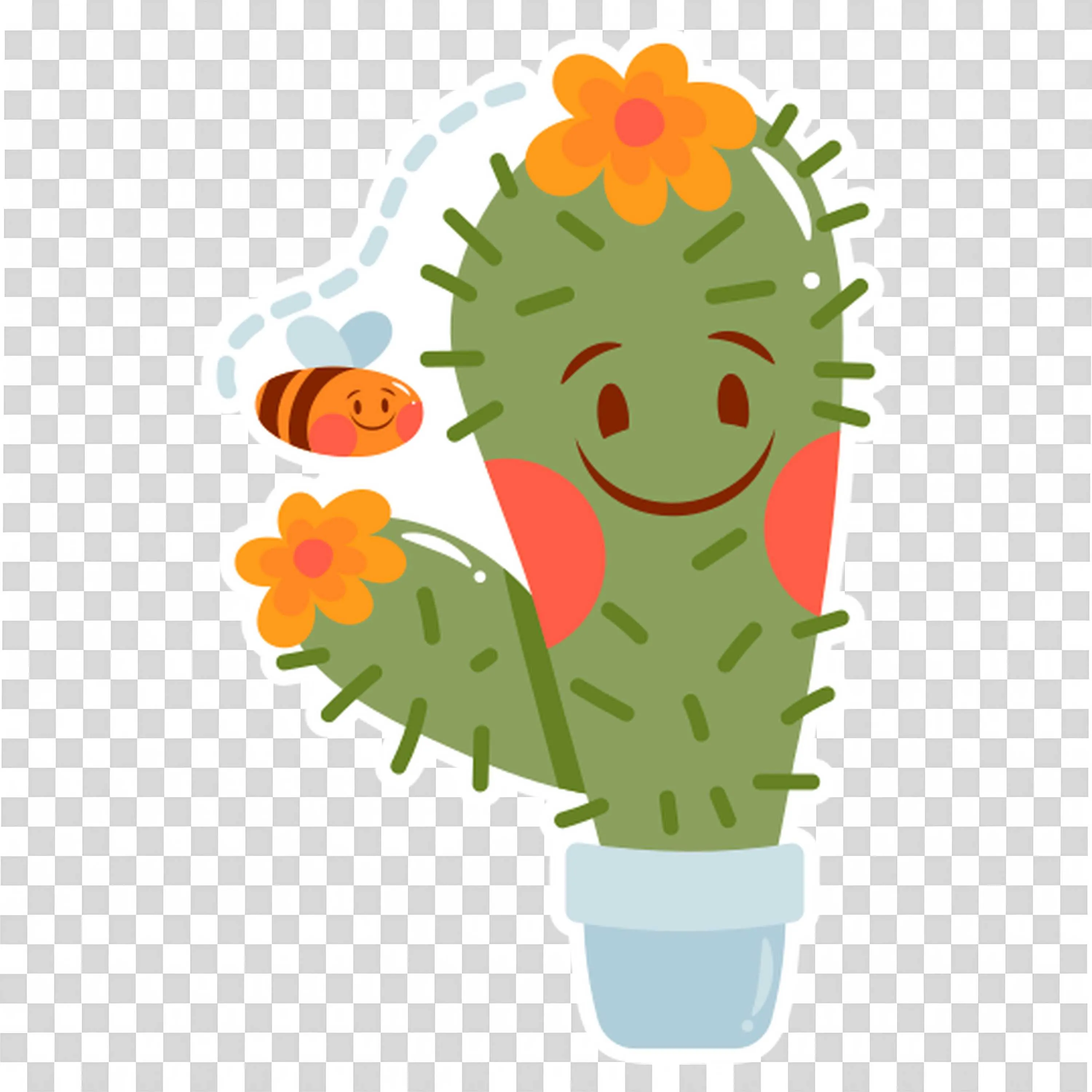 Cute Cactus with Orange Flowers and Smiling Face PNG
