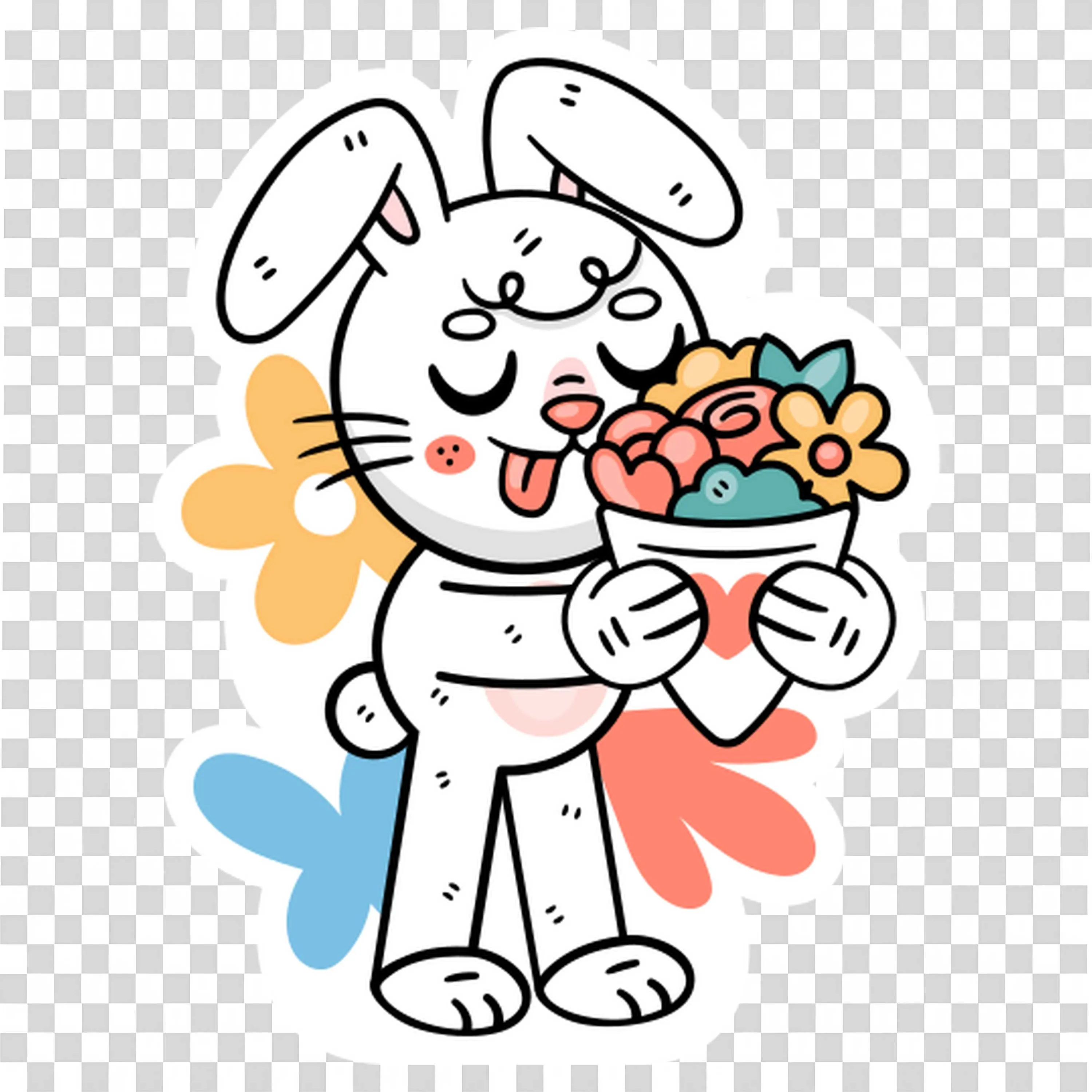 Cute Cartoon Bunny Giving a Cheerful Flower Bouquet