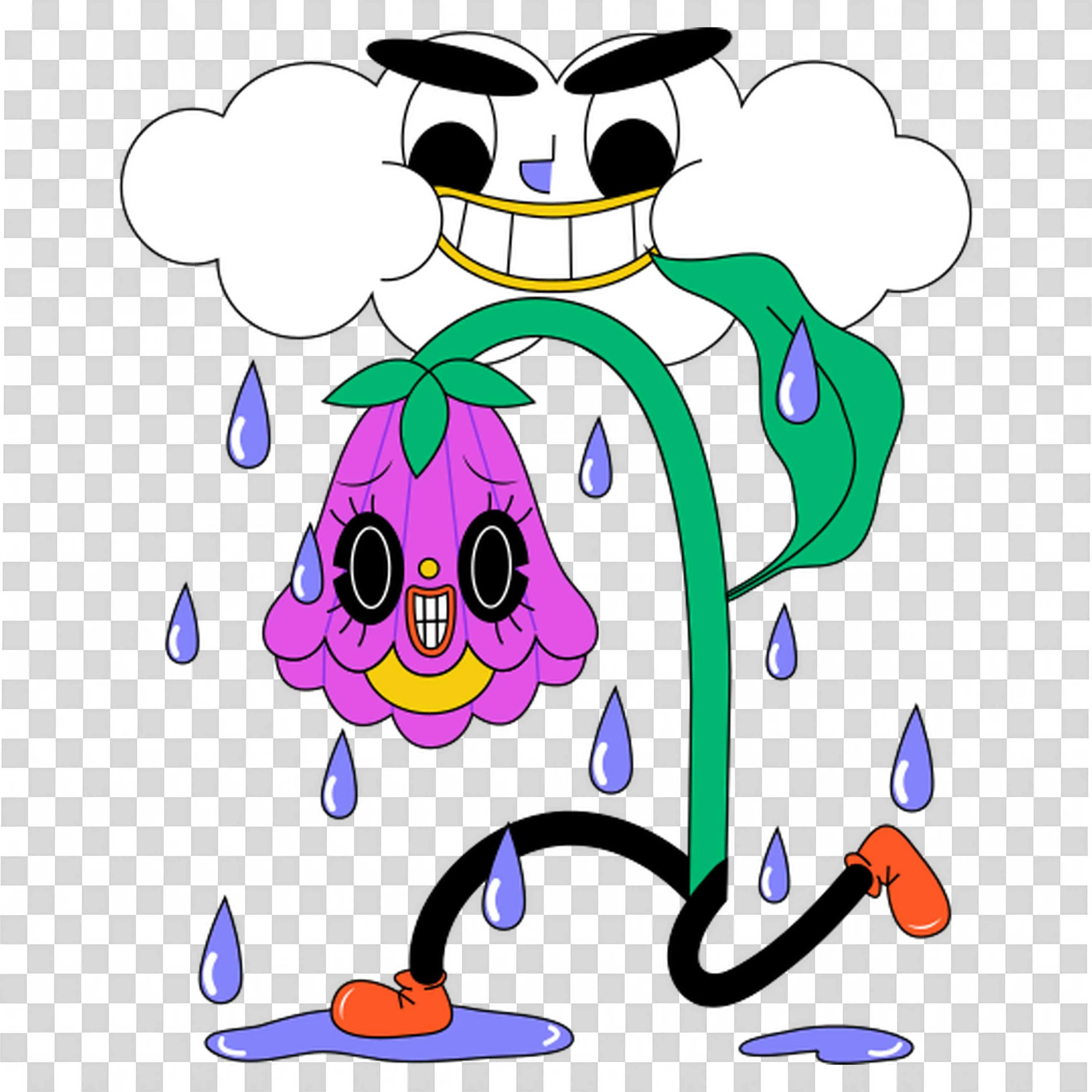 Cute Cartoon Cloud Raining on Sad Flower Character PNG