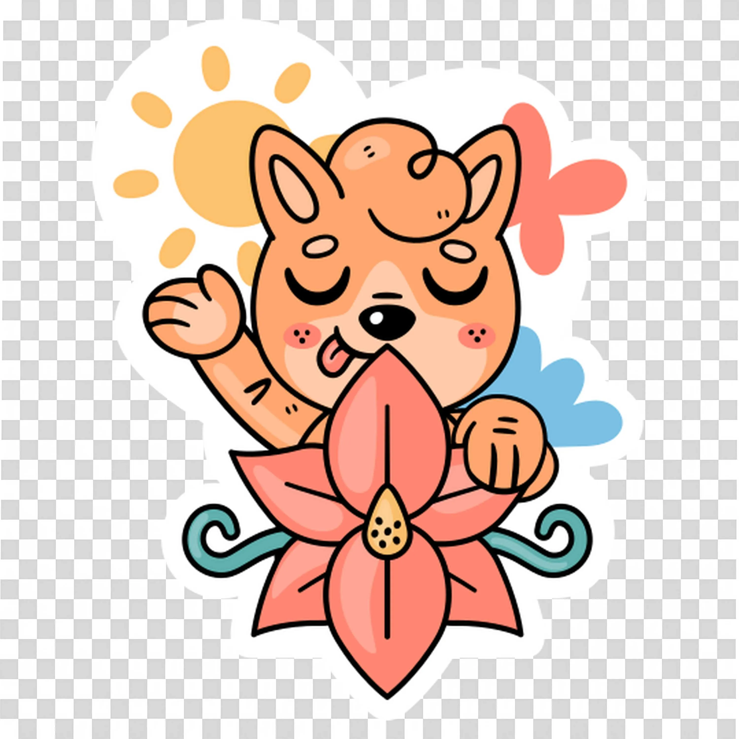 Cute Cat Illustration on a Blooming Flower Background