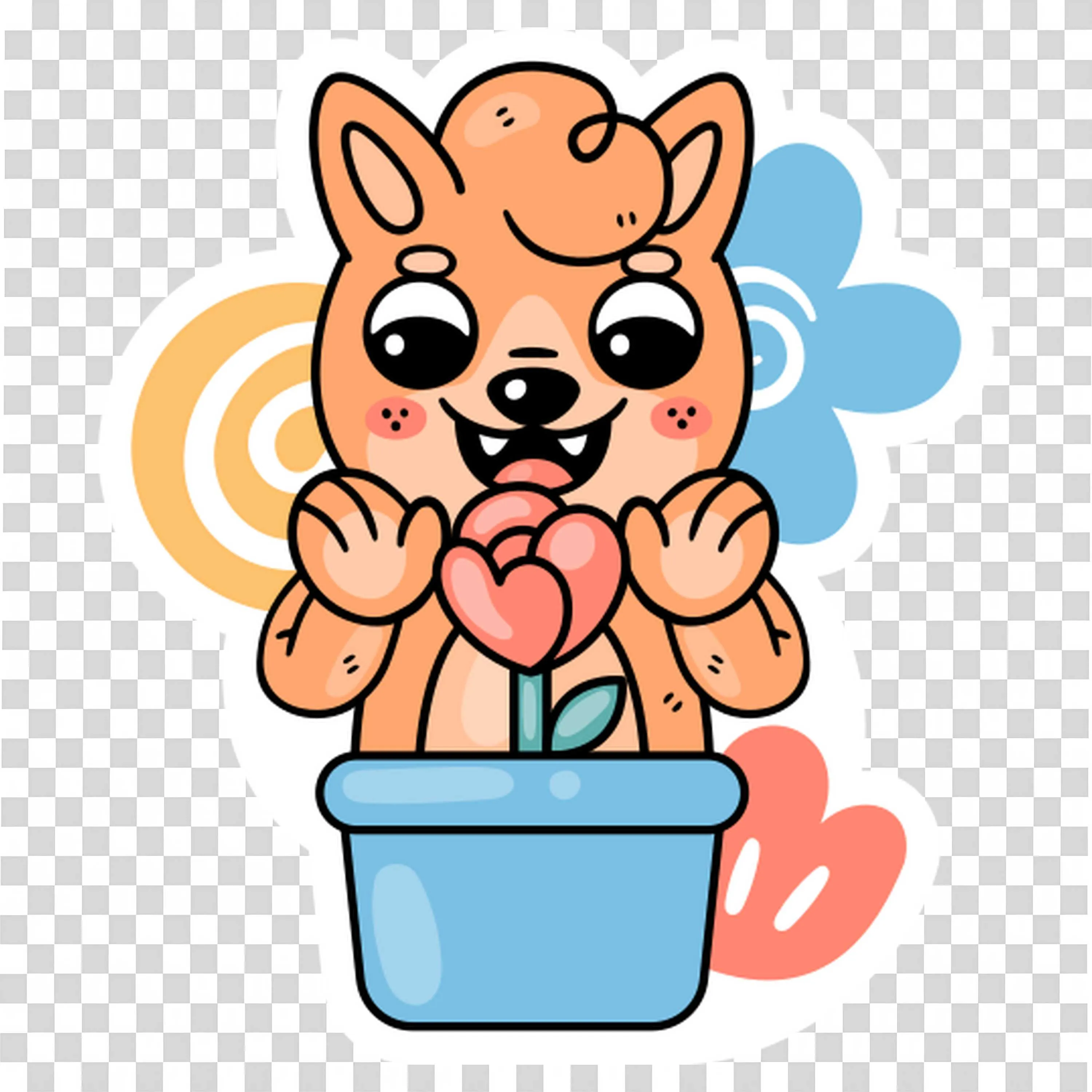 Cute Chipmunk Sitting in a Blue Pot with Heart Flowers PNG