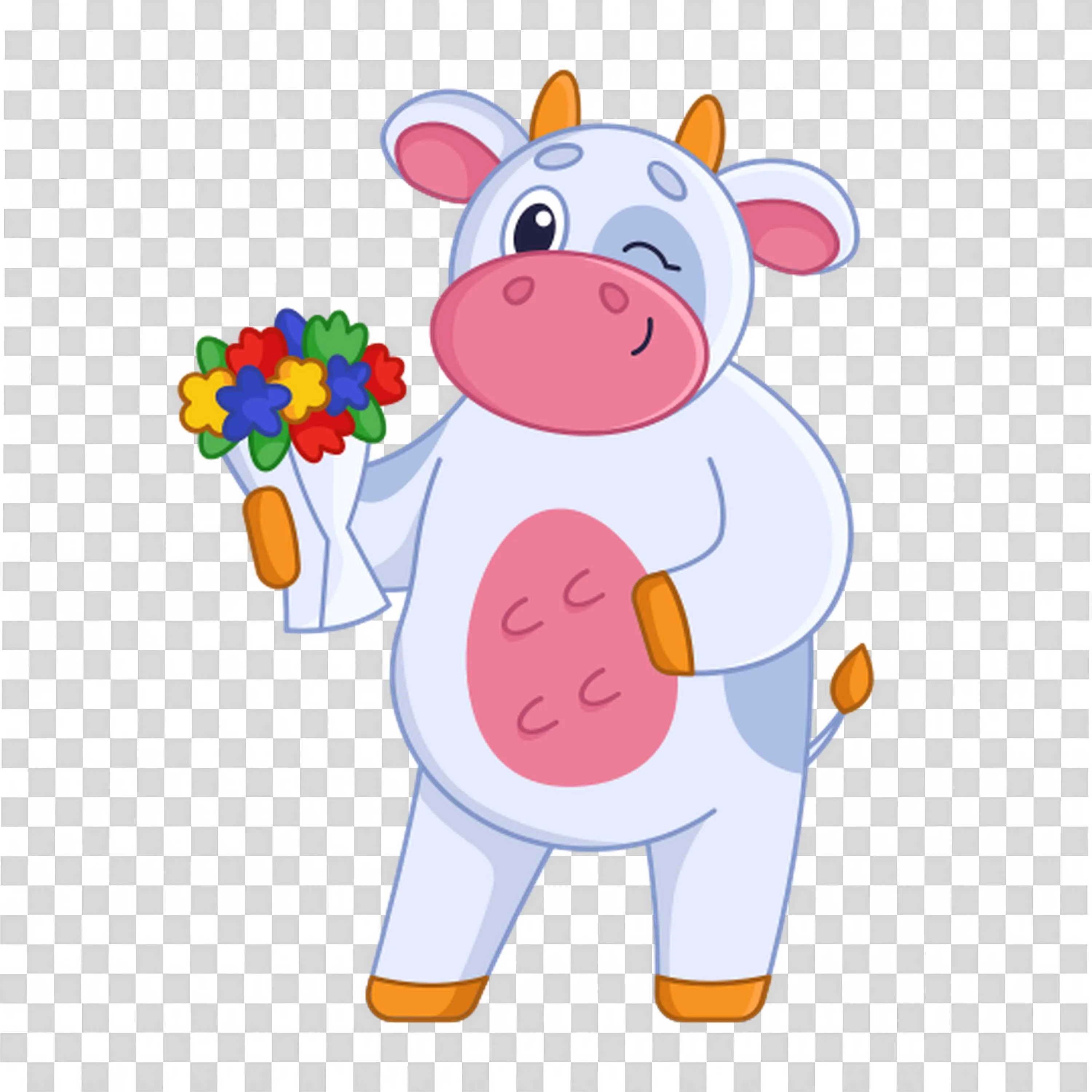 Cute Cow Holding Colorful Flowers with Happy Expression