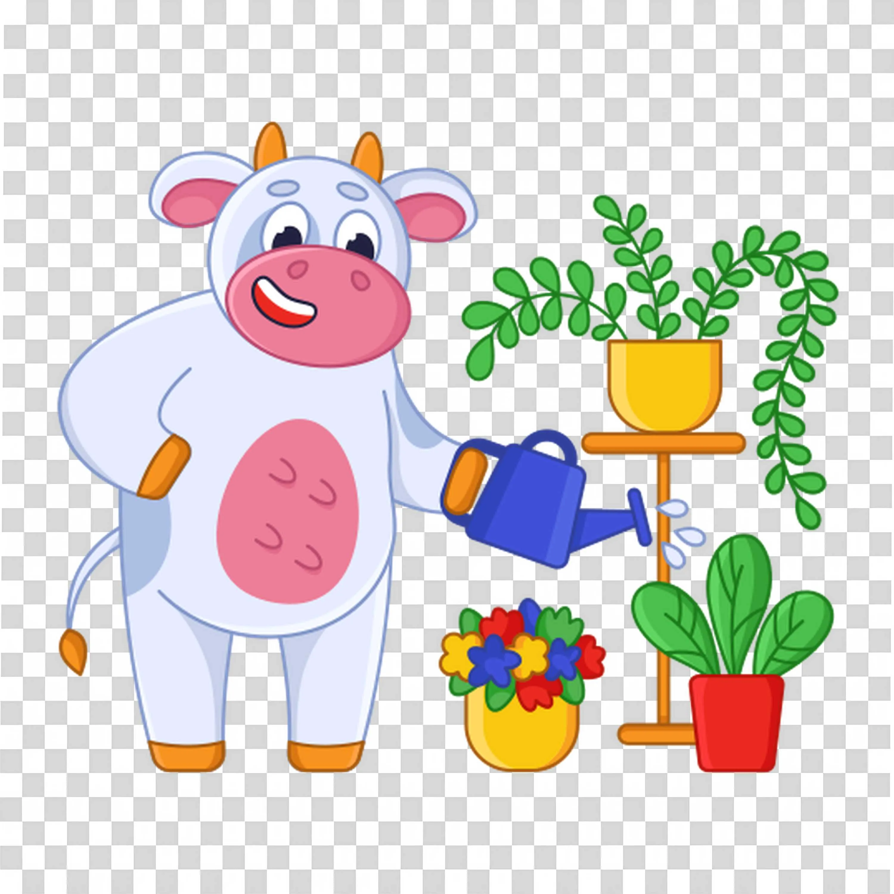 Cute Cow Watering Plants and Smiling Happily Free PNG