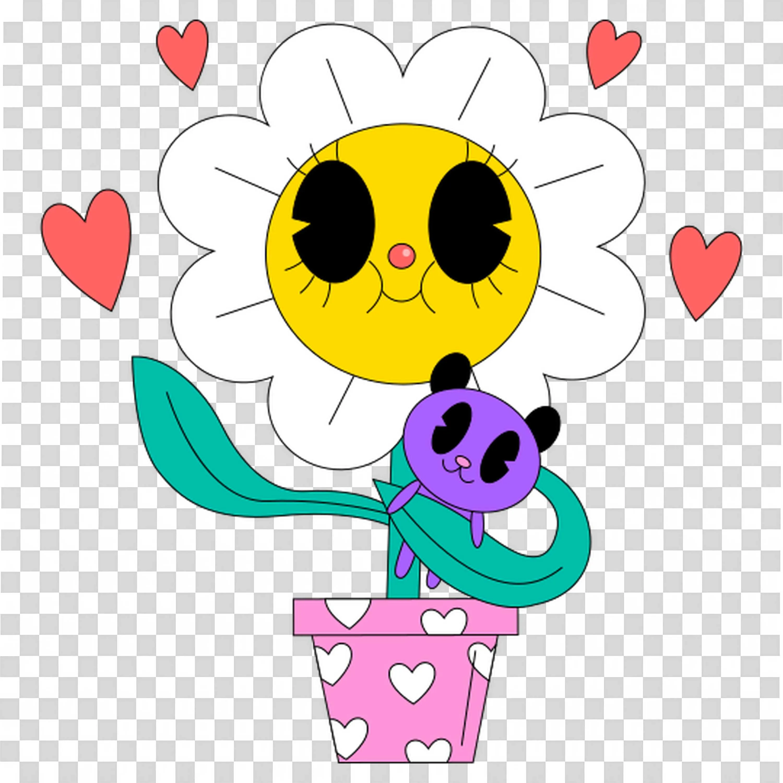Cute Flower Character Holding Teddy Bear with Hearts