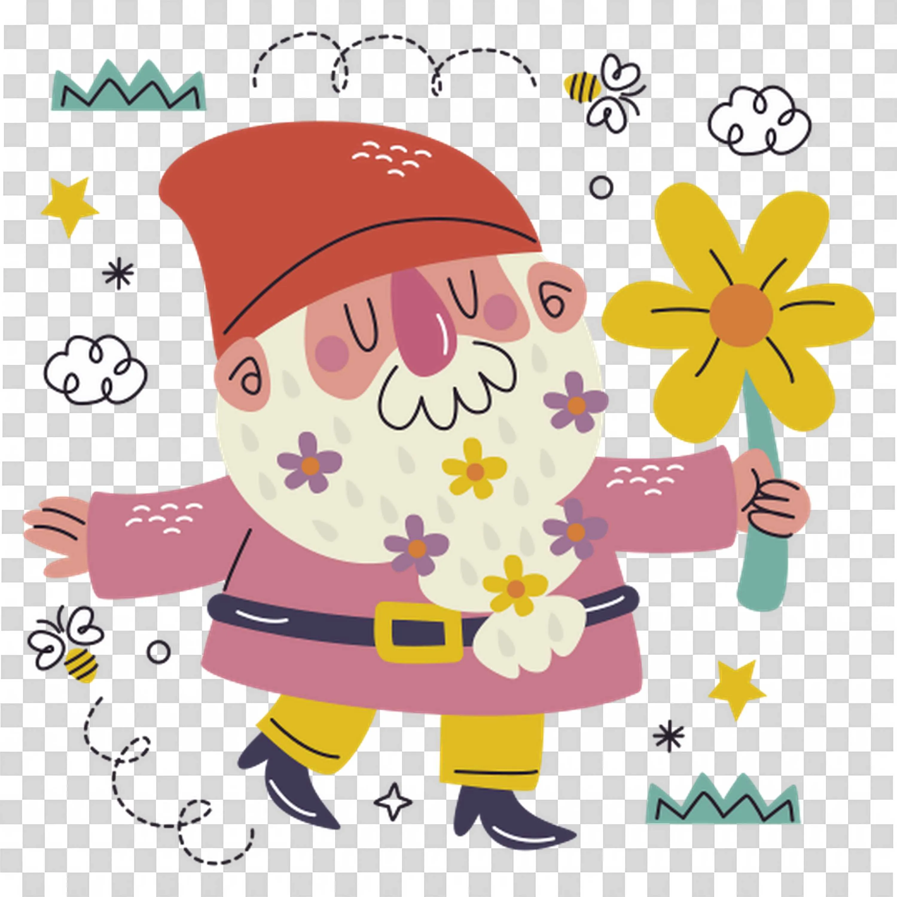 Cute Garden Gnome with Flowers For Kids Illustration