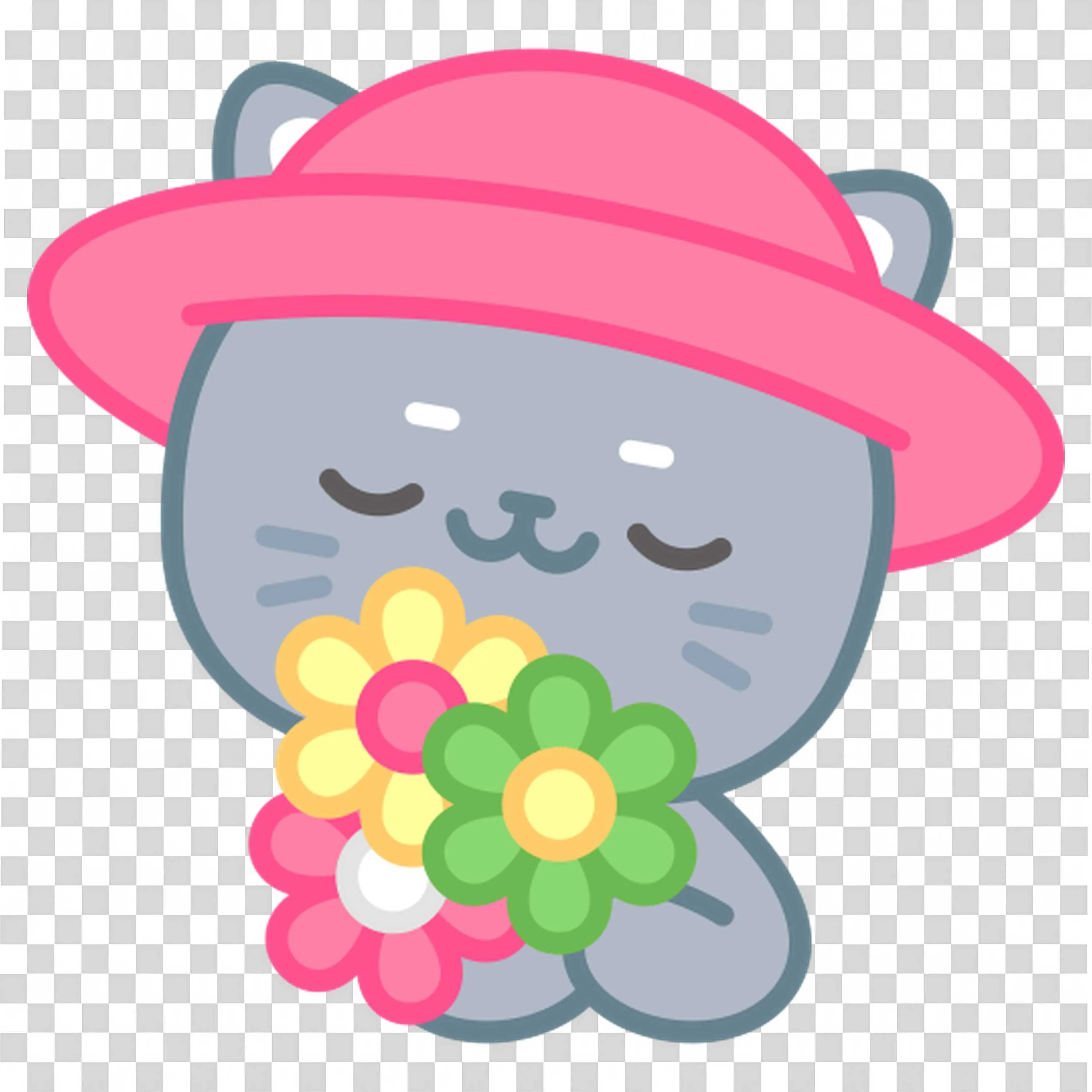 Cute Gray Kitten Wearing Pink Hat Holding Spring Flowers PNG