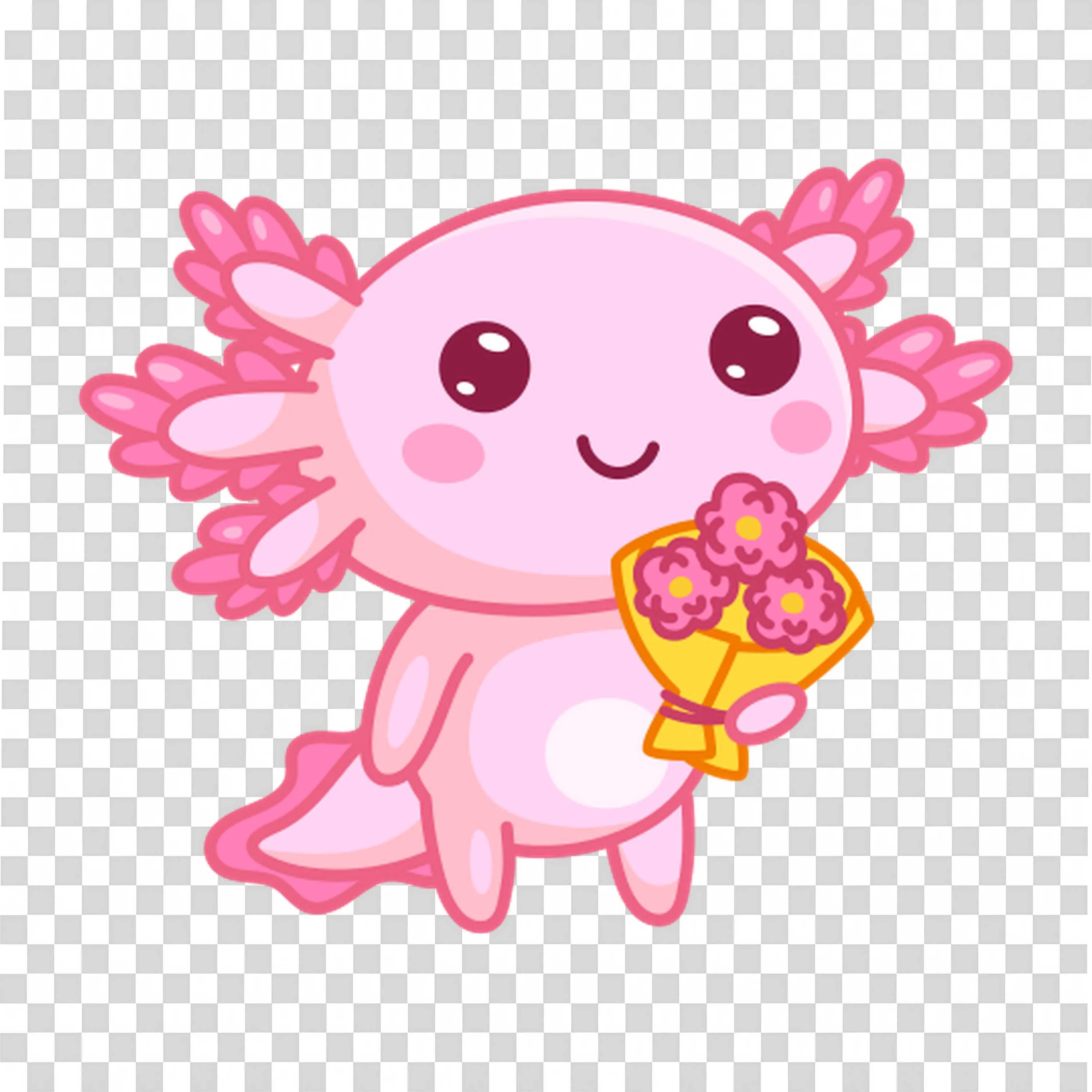 Cute Pink Axolotl Holding a Heart Shaped Flower PNG