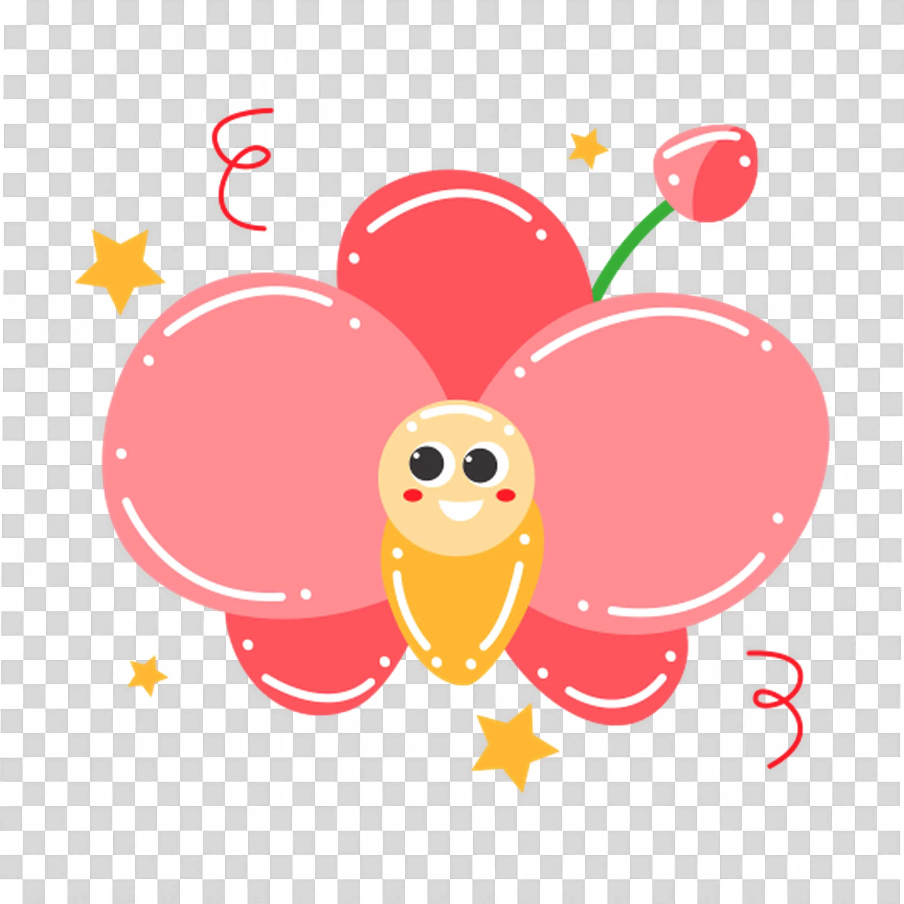 Cute Pink Flower with Smiling Face and Flying Bee PNG