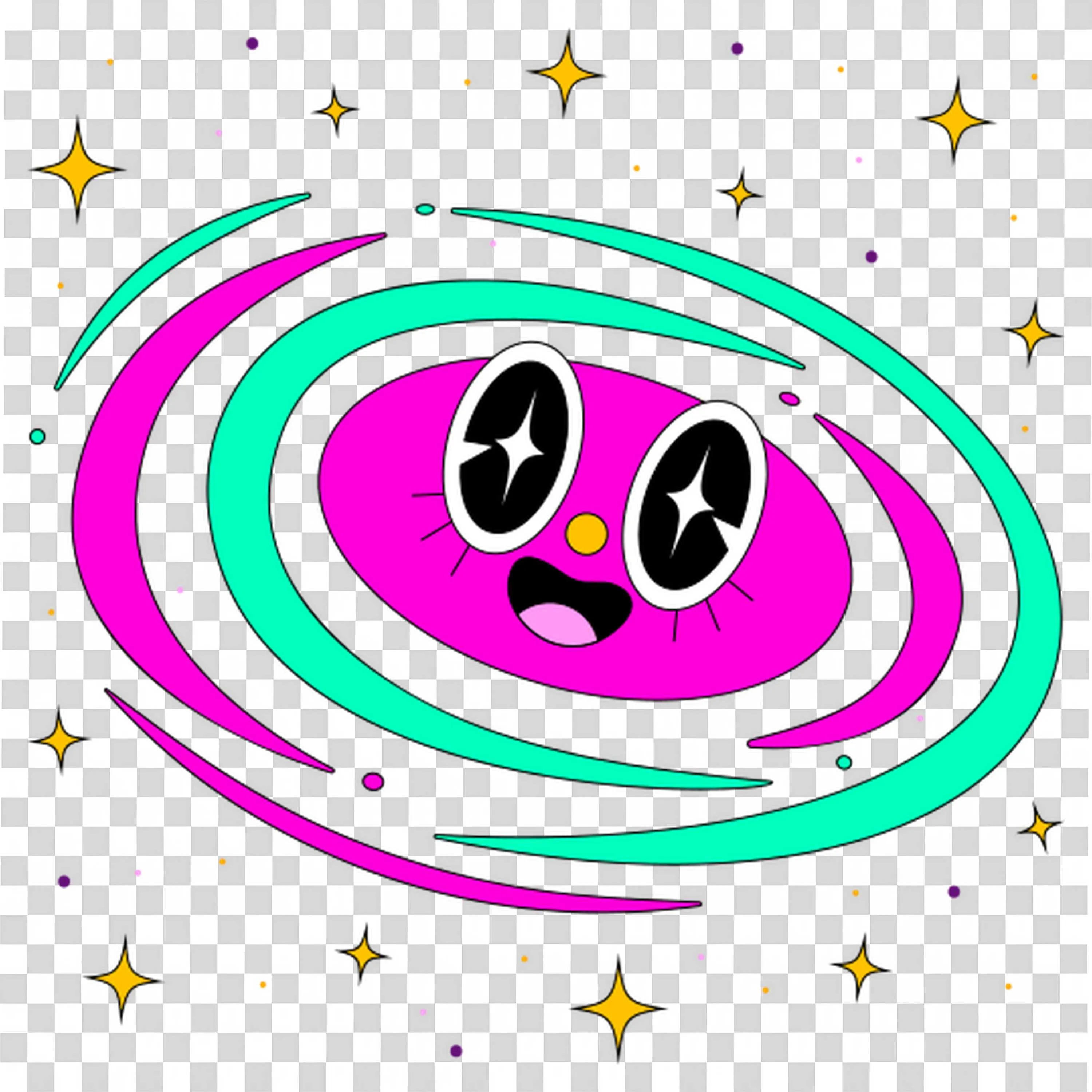 Cute Planet Orbiting with Stars Around Smiling Face Sparkle