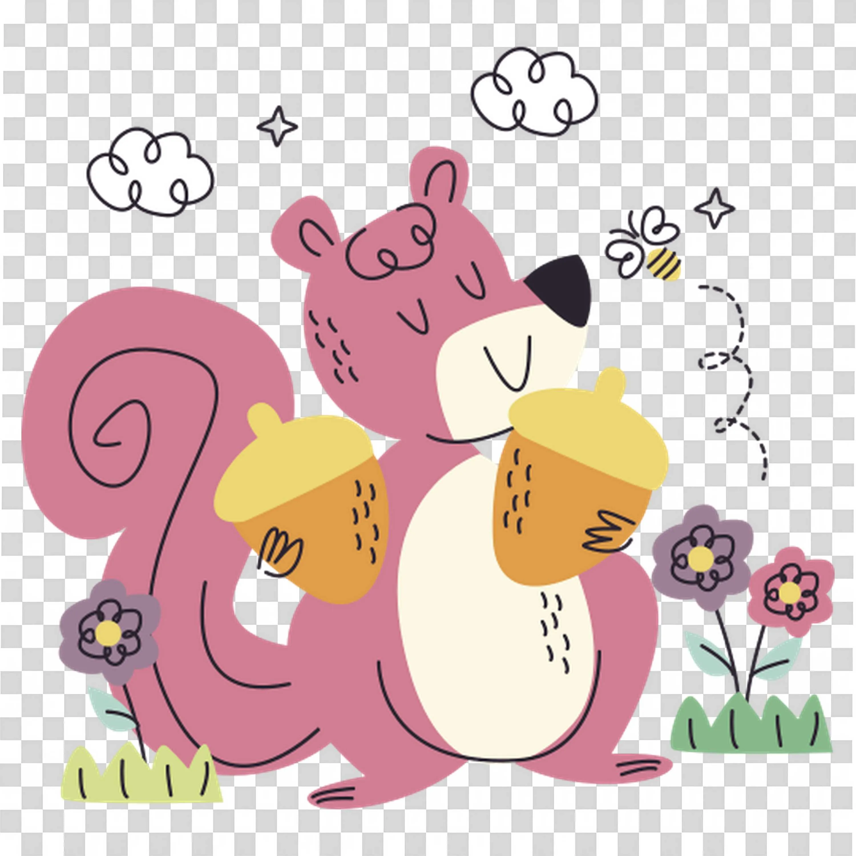 Cute Squirrel Holding Yellow Flowers in the Garden