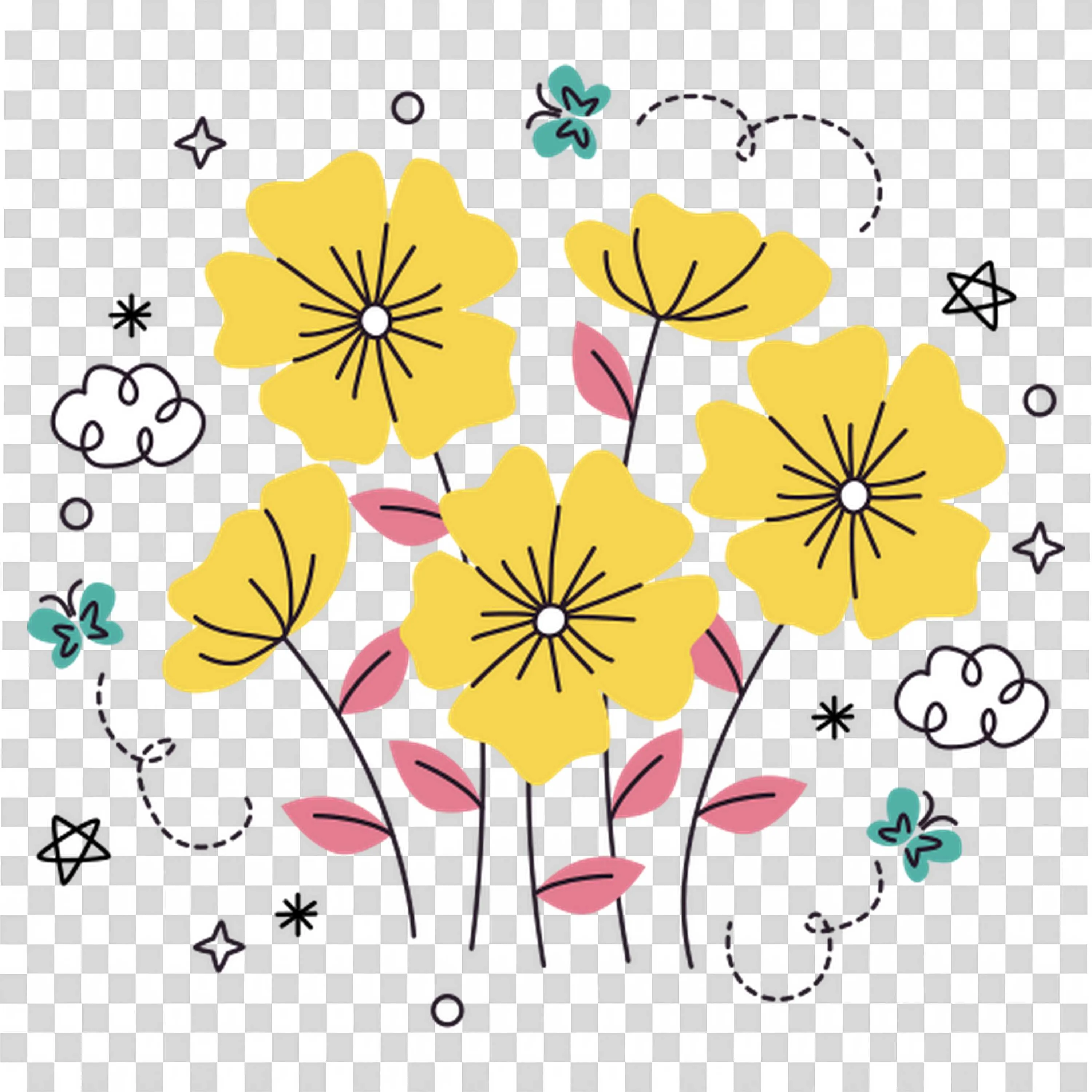 Delicate Yellow Flowers with Butterflies in Air PNG