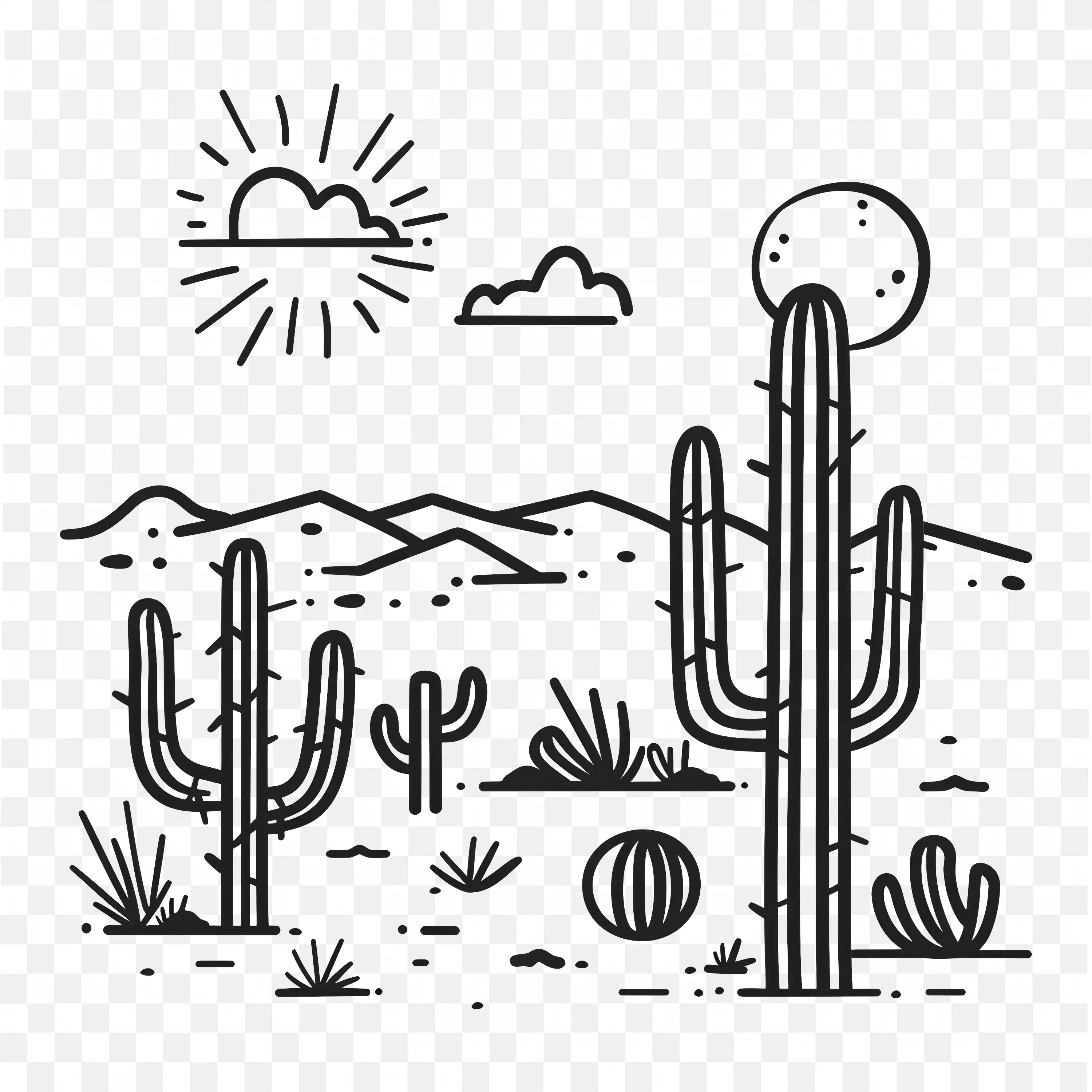 Desert PNG Black and White Cactus Landscape Sketch Art