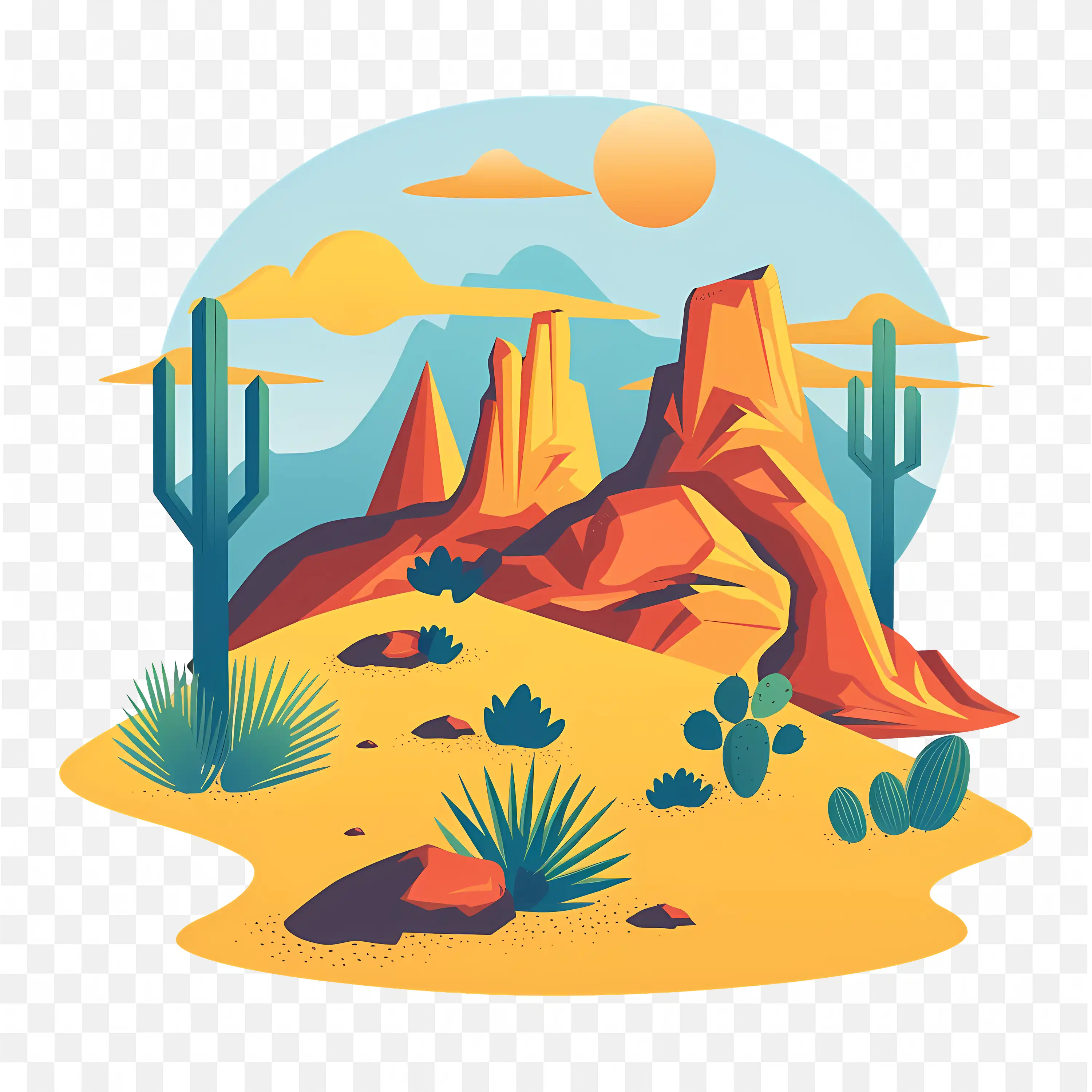 Desert Landscape with Rocks Cactus and Sunny Blue Sky Art