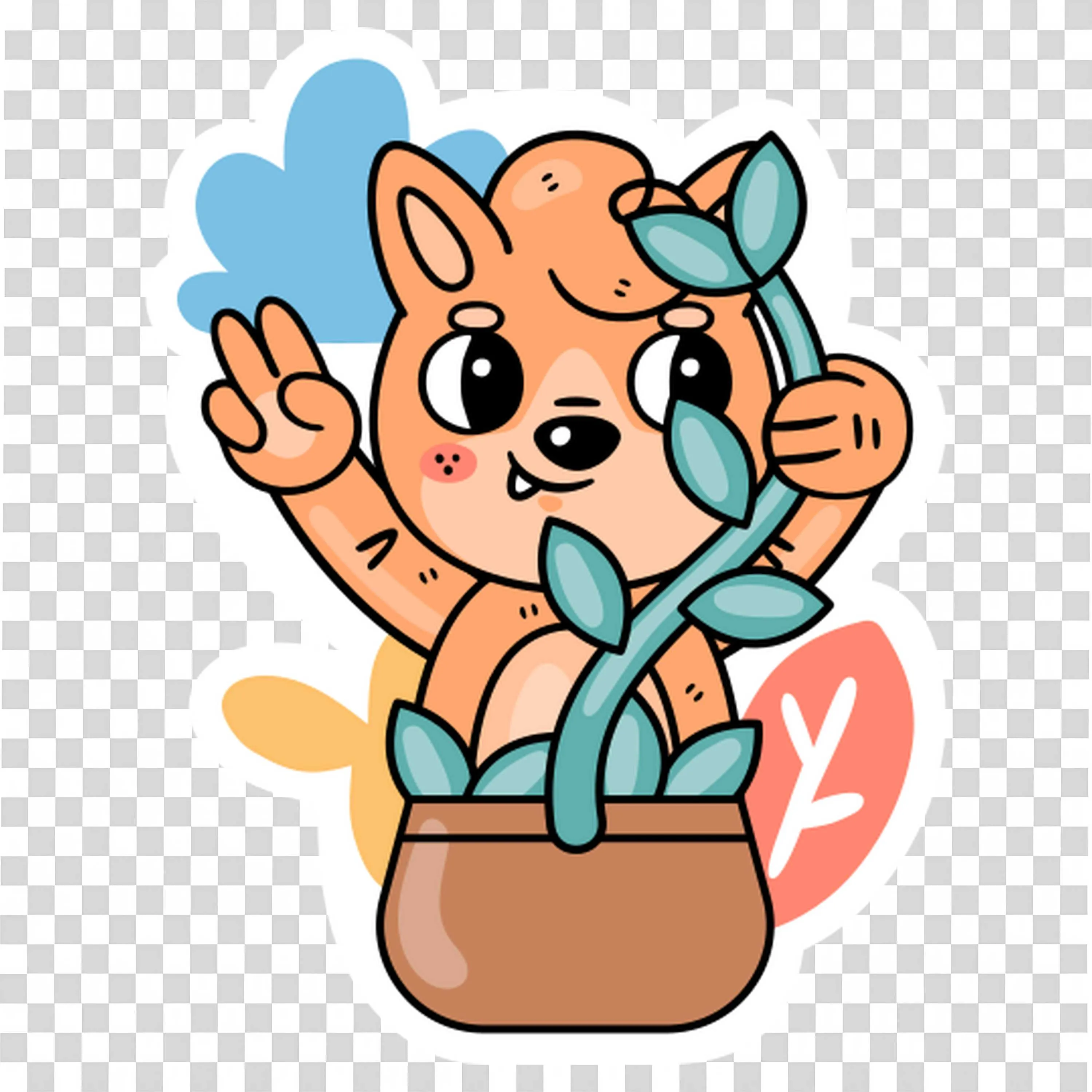 Dog in Flower Pot Giving a Peace Sign and Smiling PNG
