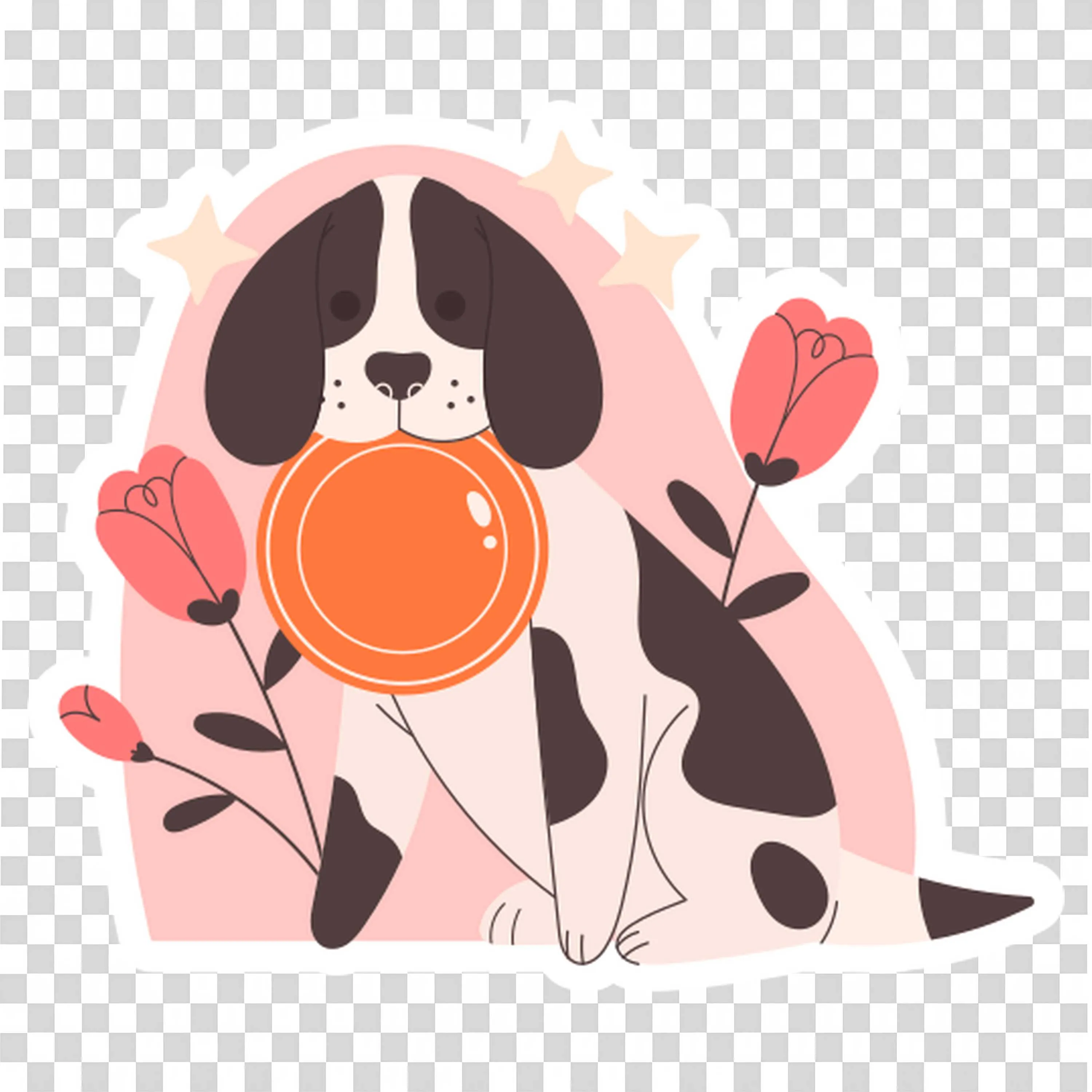 Dog Sitting Calmly Among Tulip Flowers in the Field