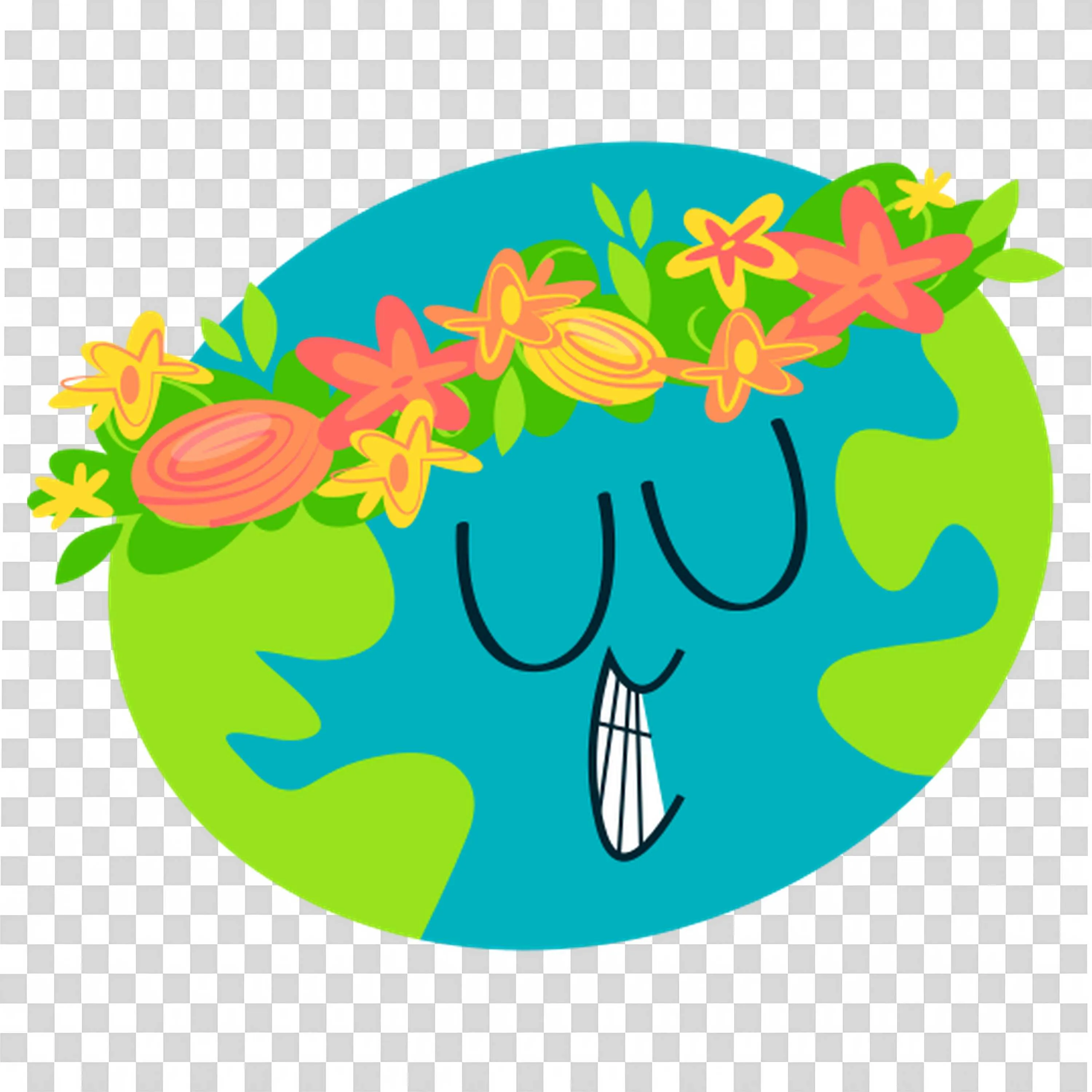 Earth Character Smiling with Flowers Around Its Head