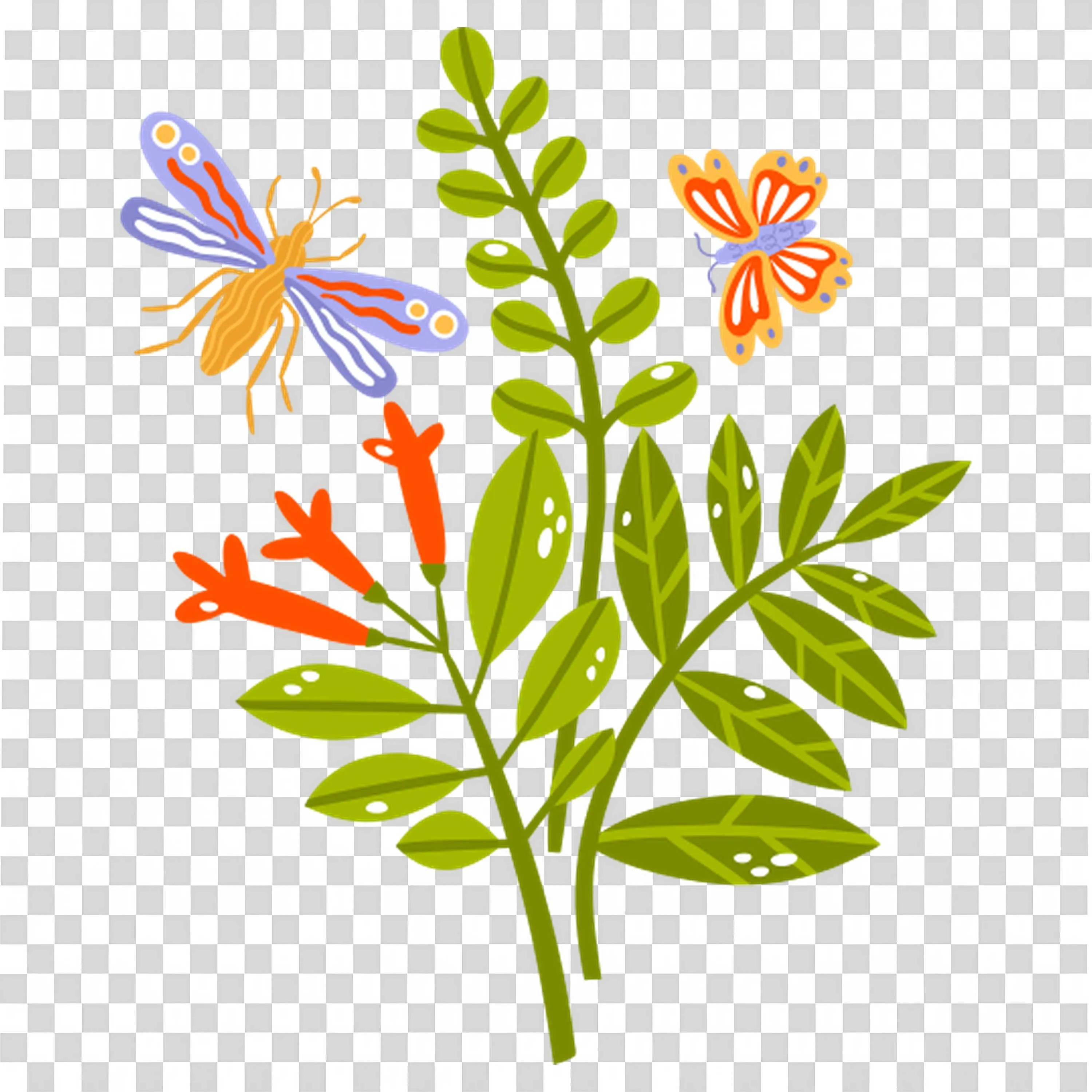 Elegant Flower Branch with Butterfly and Leaf Design