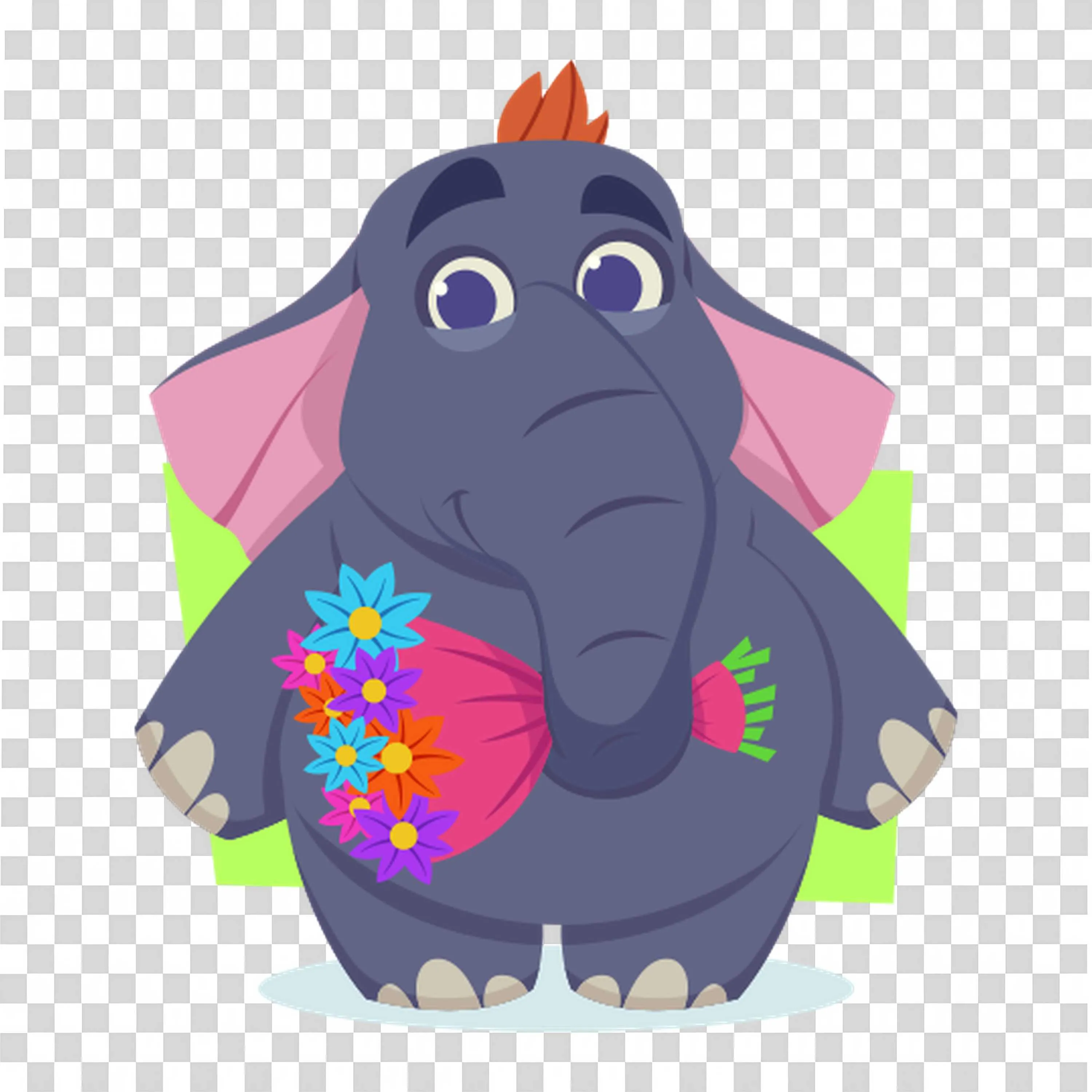 Elephant Holding Flower Bouquet in Cartoon Style Art