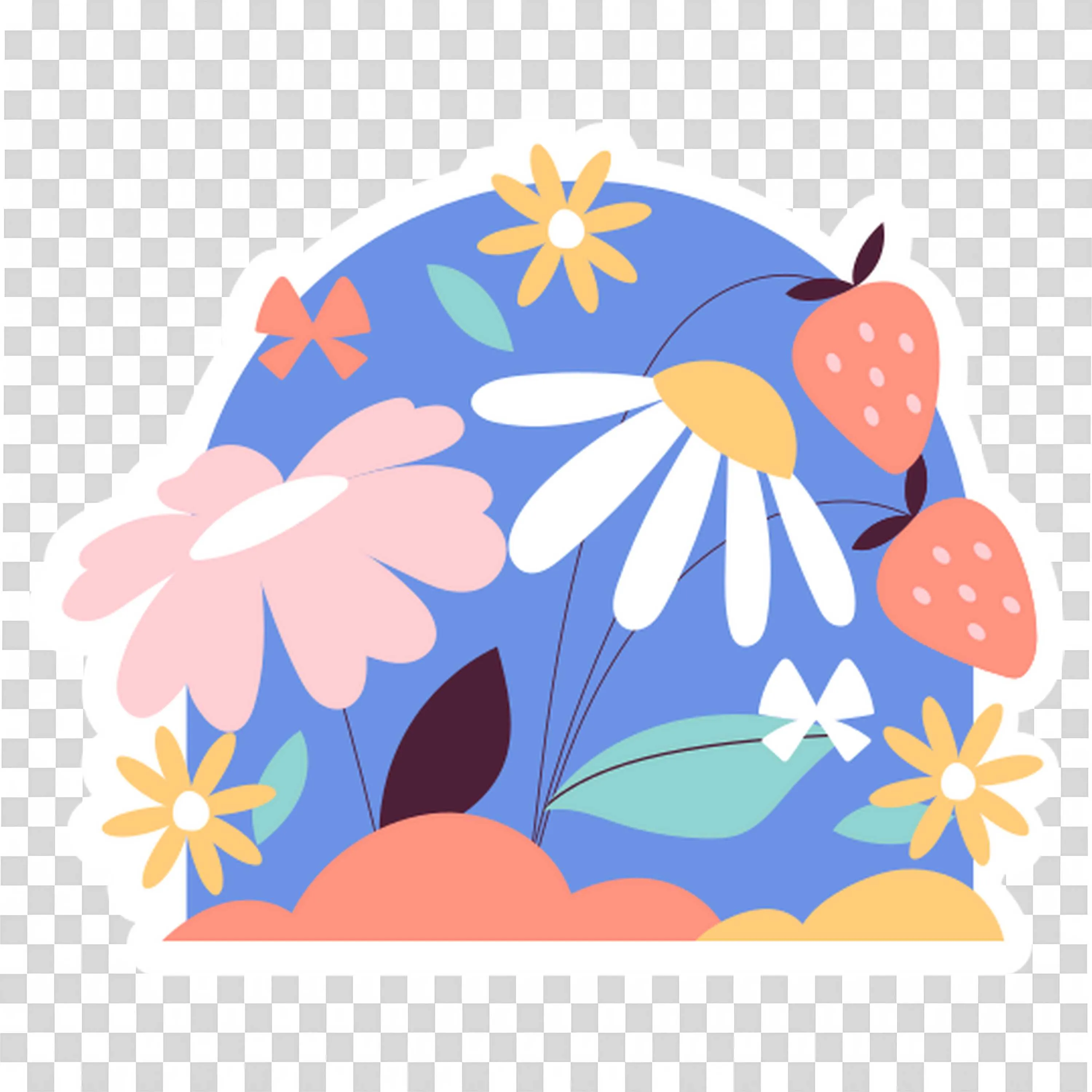 Field Of Daisies and Leaves with Strawberries Blooming