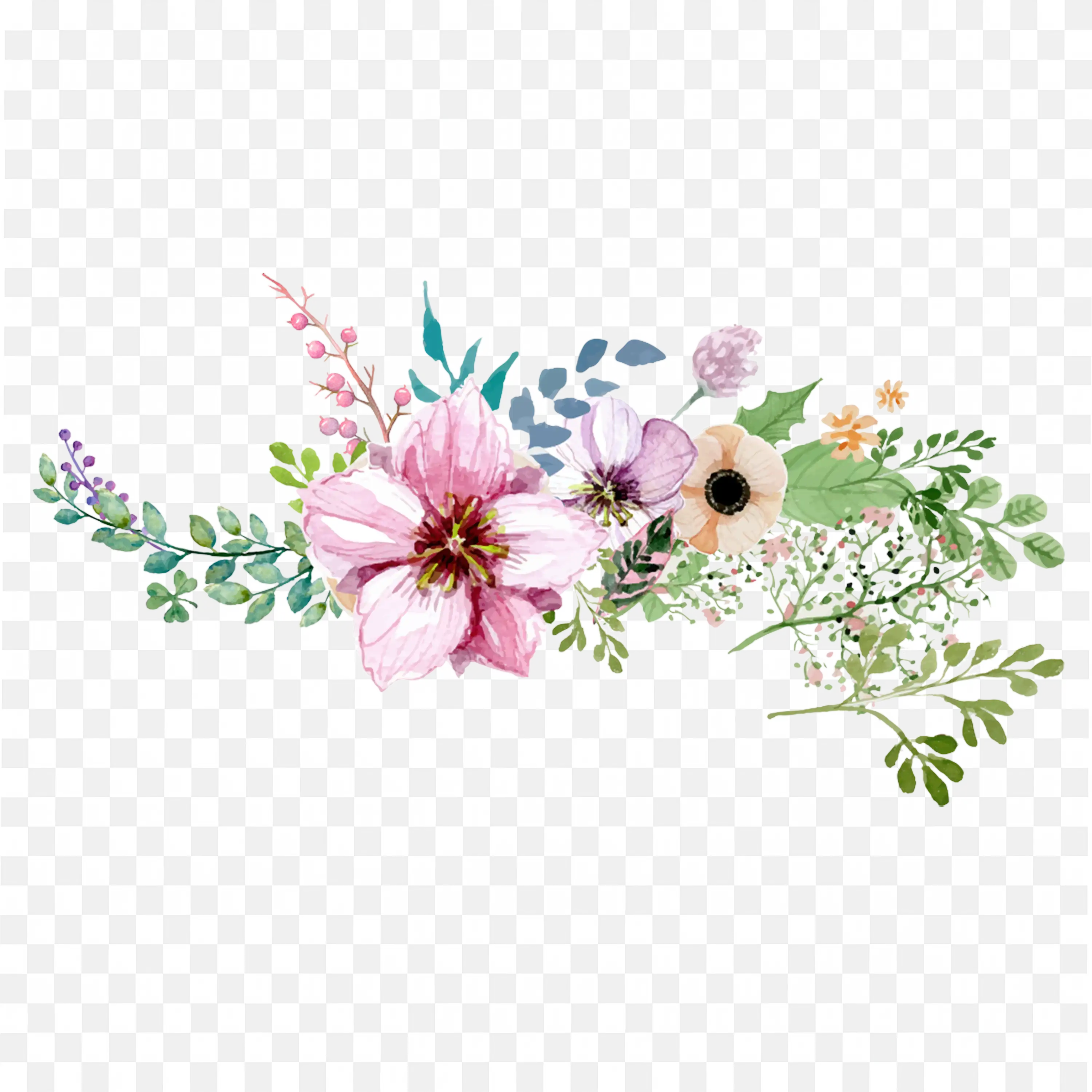 Floral Bouquet PNG Pink Flowers and Green Leaves Design