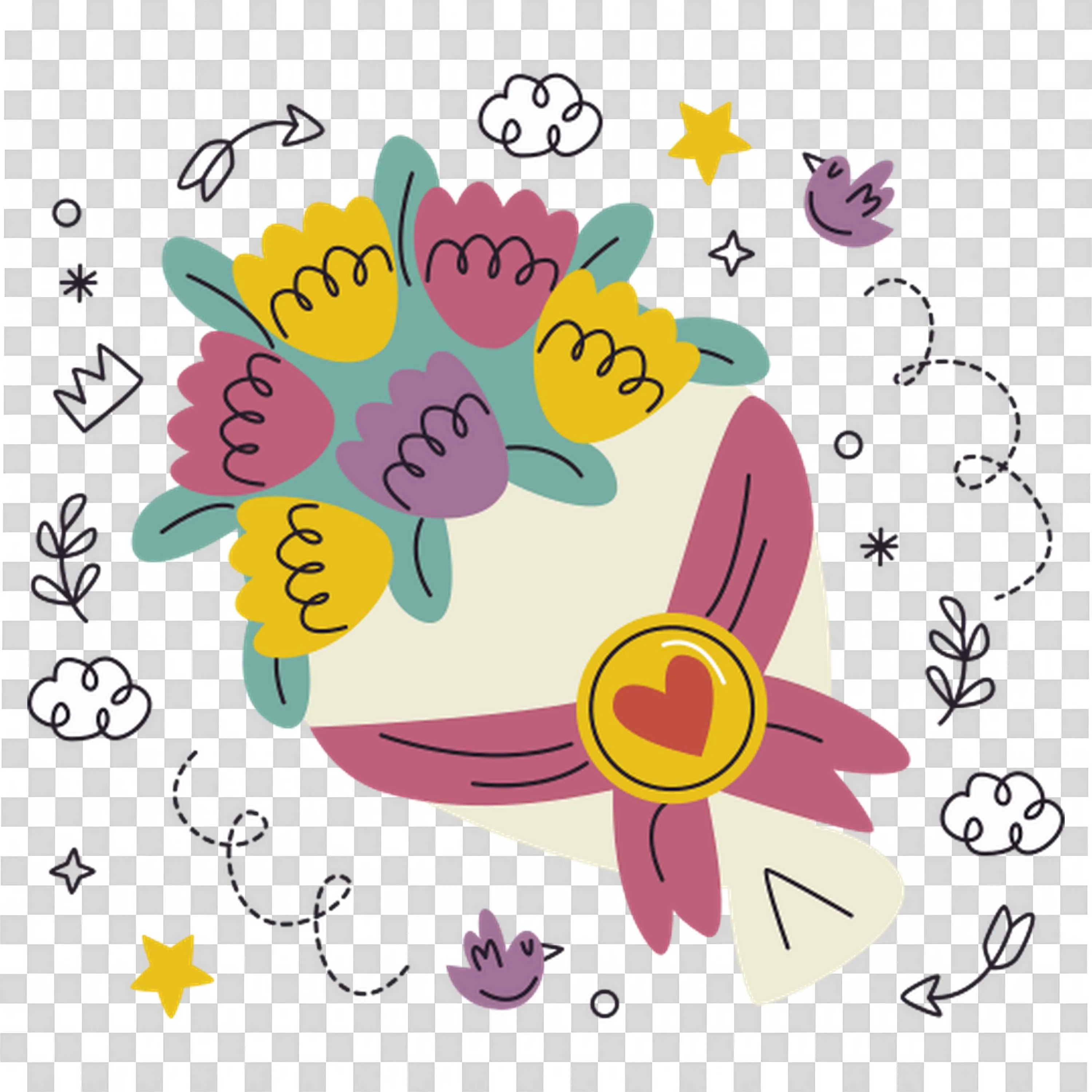 Floral Bouquet with Hearts and Petals in Vivid Colors