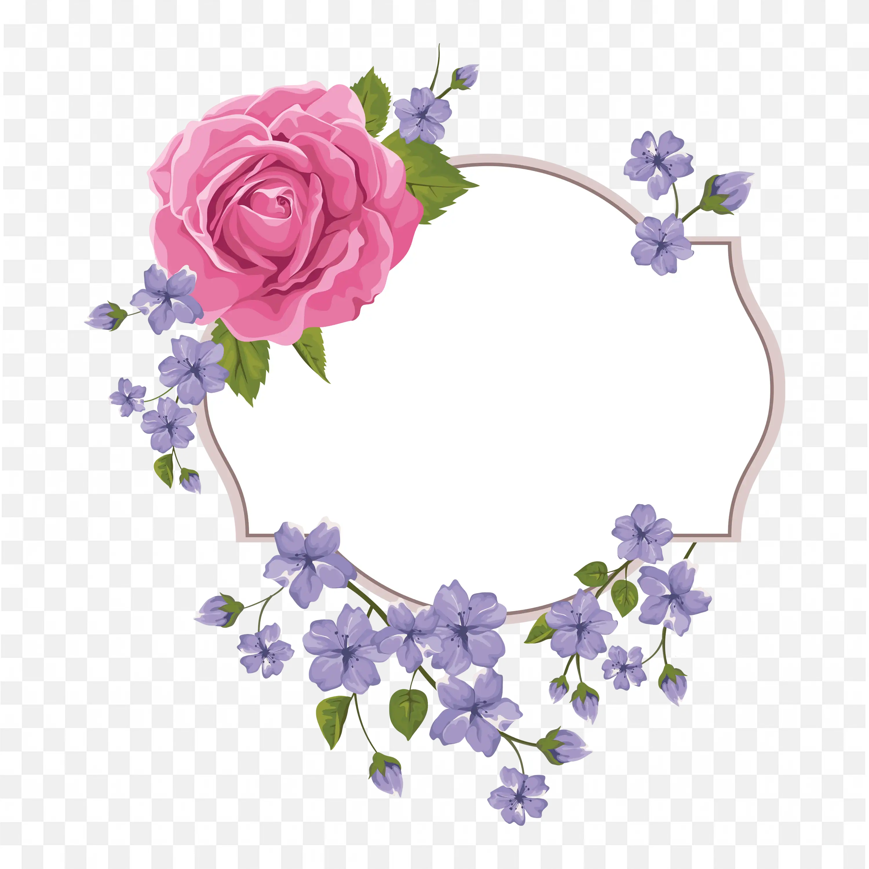 Floral Frame with Pink Rose and Purple Flowers Blank Center