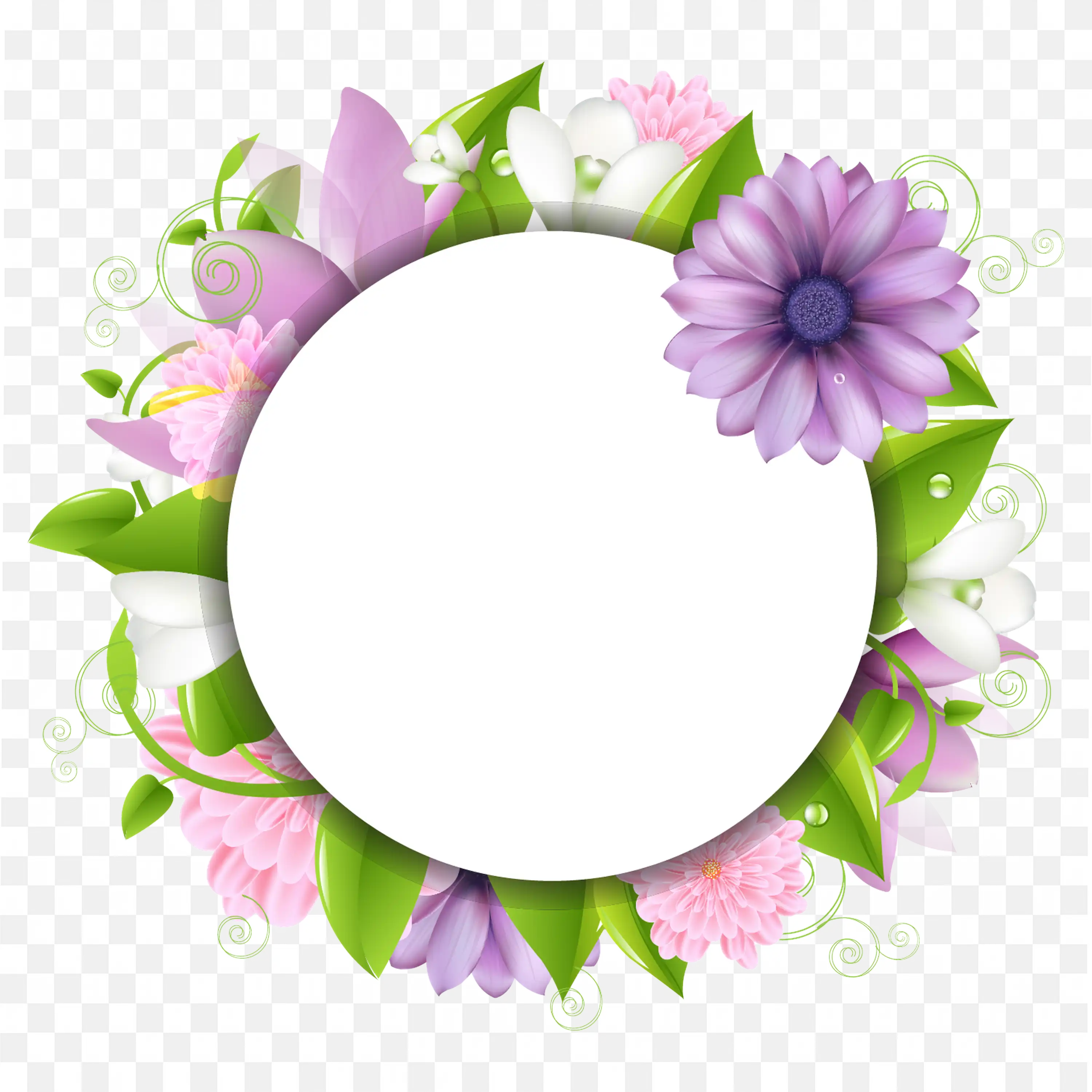 Floral Frame PNG Purple Flowers and Leaves Round Wreath